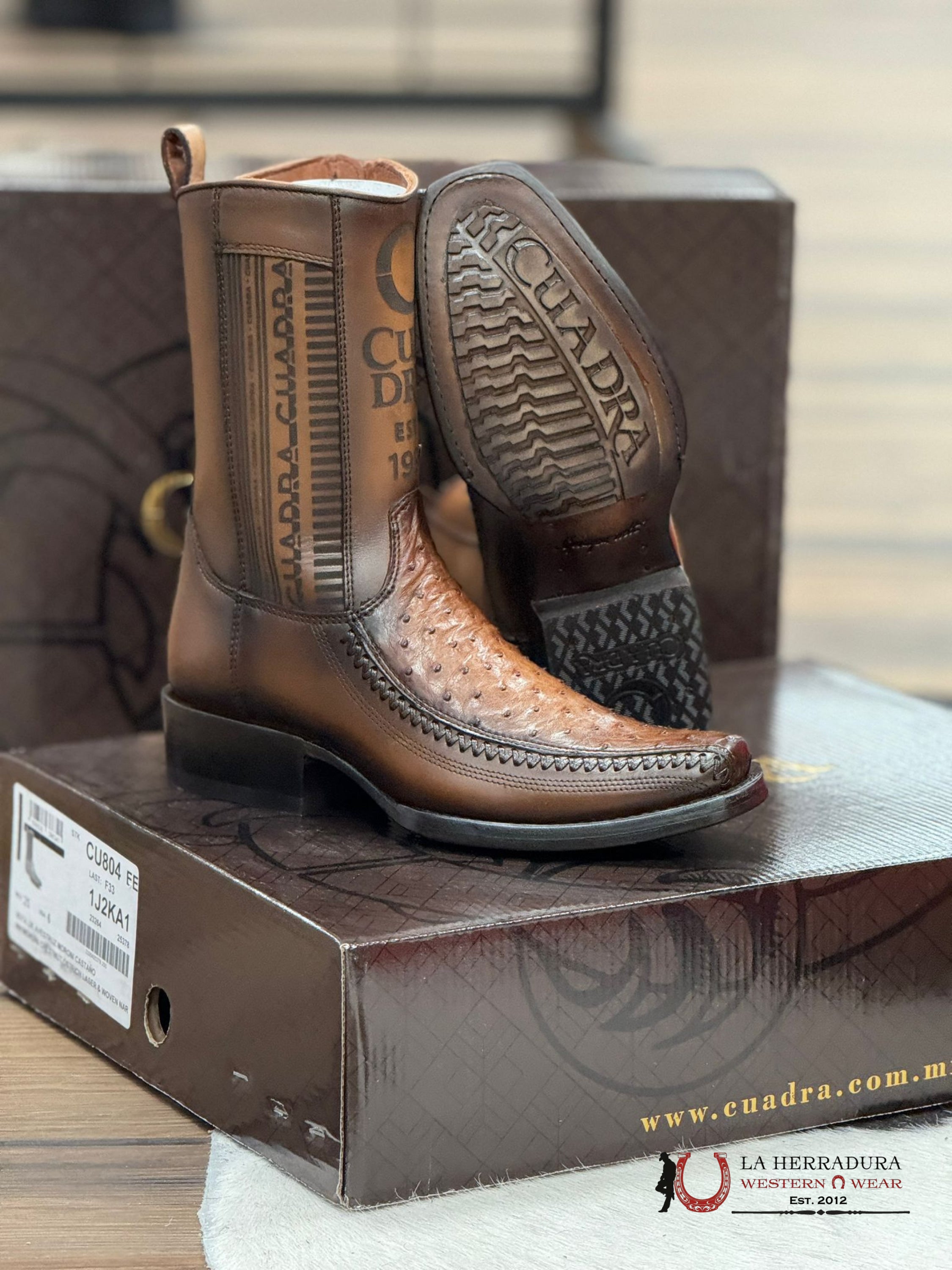 Cuadra Short Boot Ostritch Moroni Chestnut Laser & Woven Narrow Square Toe- 1J2Ka1 Botas Hombres