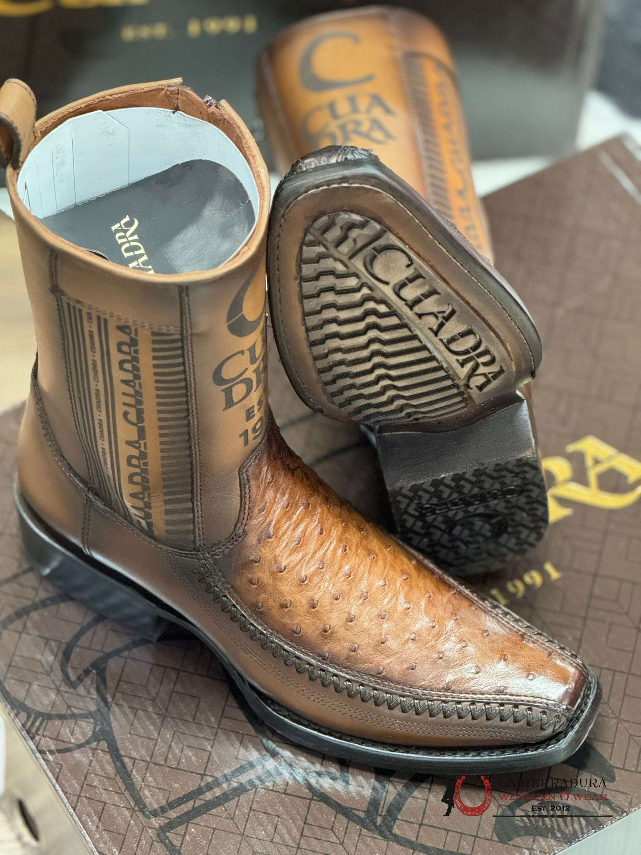Cuadra Short Boot Ostritch Moroni Chestnut Laser & Woven Narrow Square Toe- 1J2Ka1 Botas Hombres