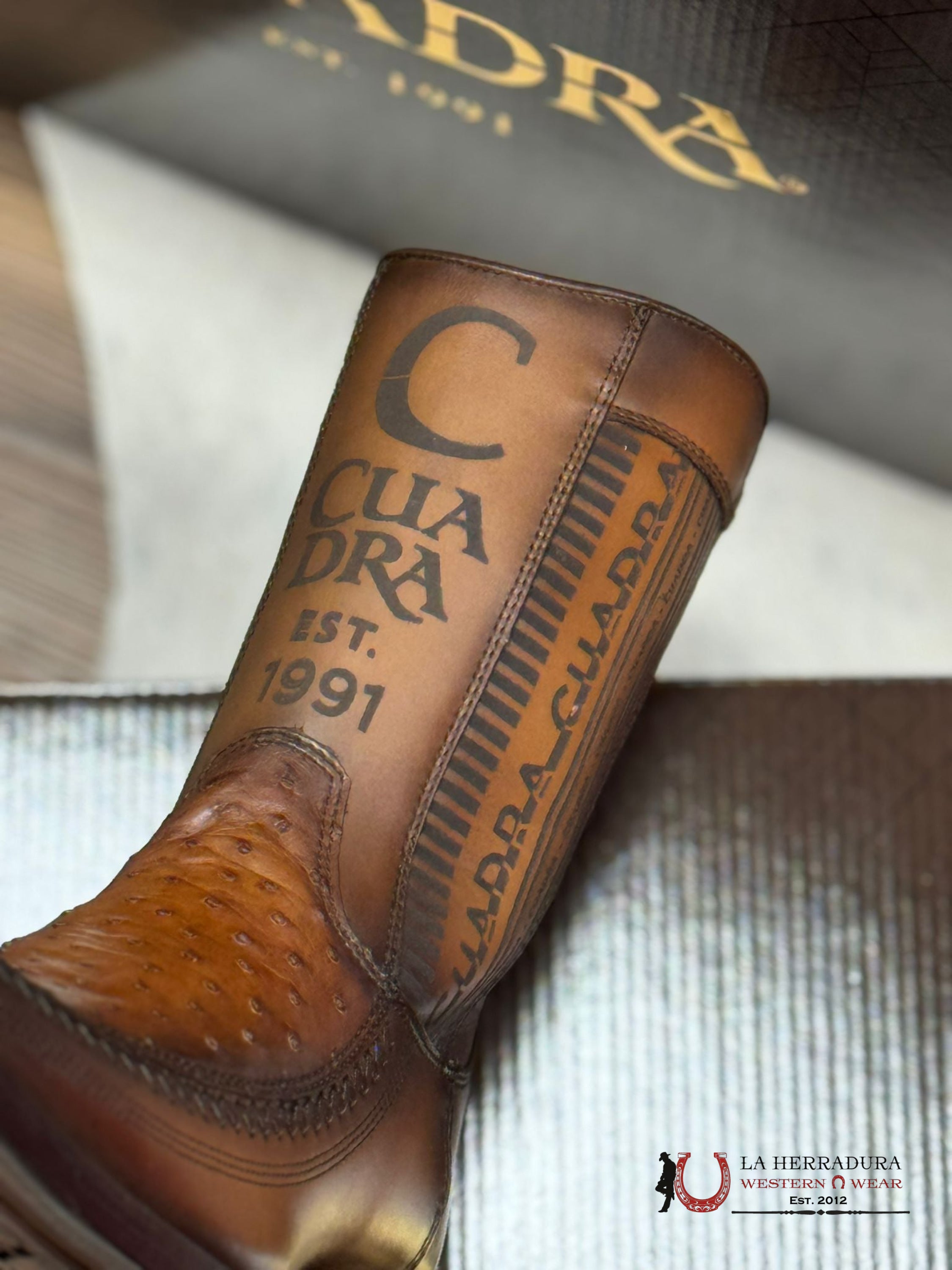 Cuadra Short Boot Ostritch Moroni Chestnut Laser & Woven Narrow Square Toe- 1J2Ka1 Botas Hombres