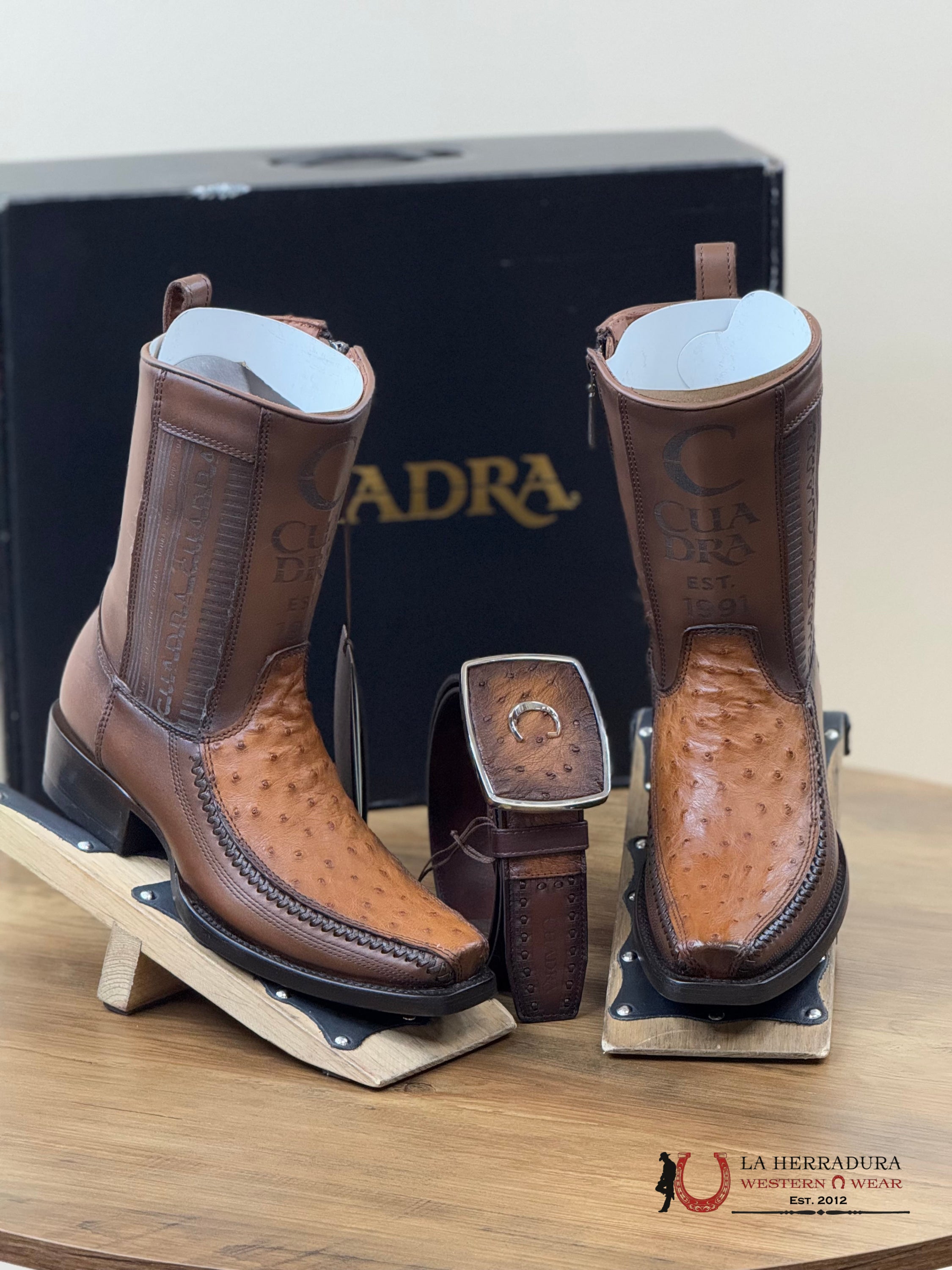 Cuadra Short Boot Ostritch Moroni Chestnut Laser & Woven Narrow Square Toe- 1J2Ka1 Botas Hombres