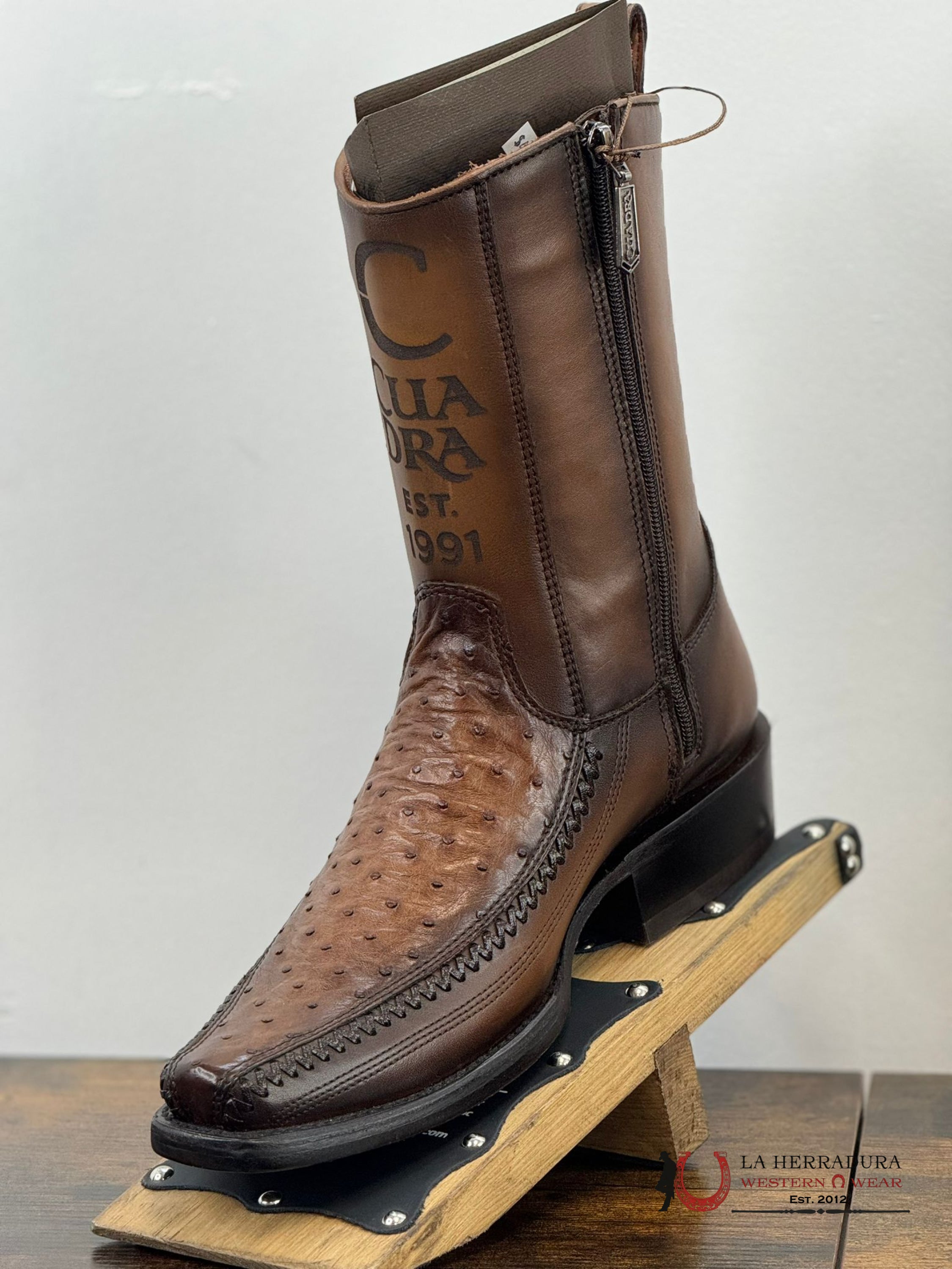 Cuadra Short Boot Ostritch Moroni Chestnut Laser & Woven Narrow Square Toe- 1J2Ka1 Botas Hombres