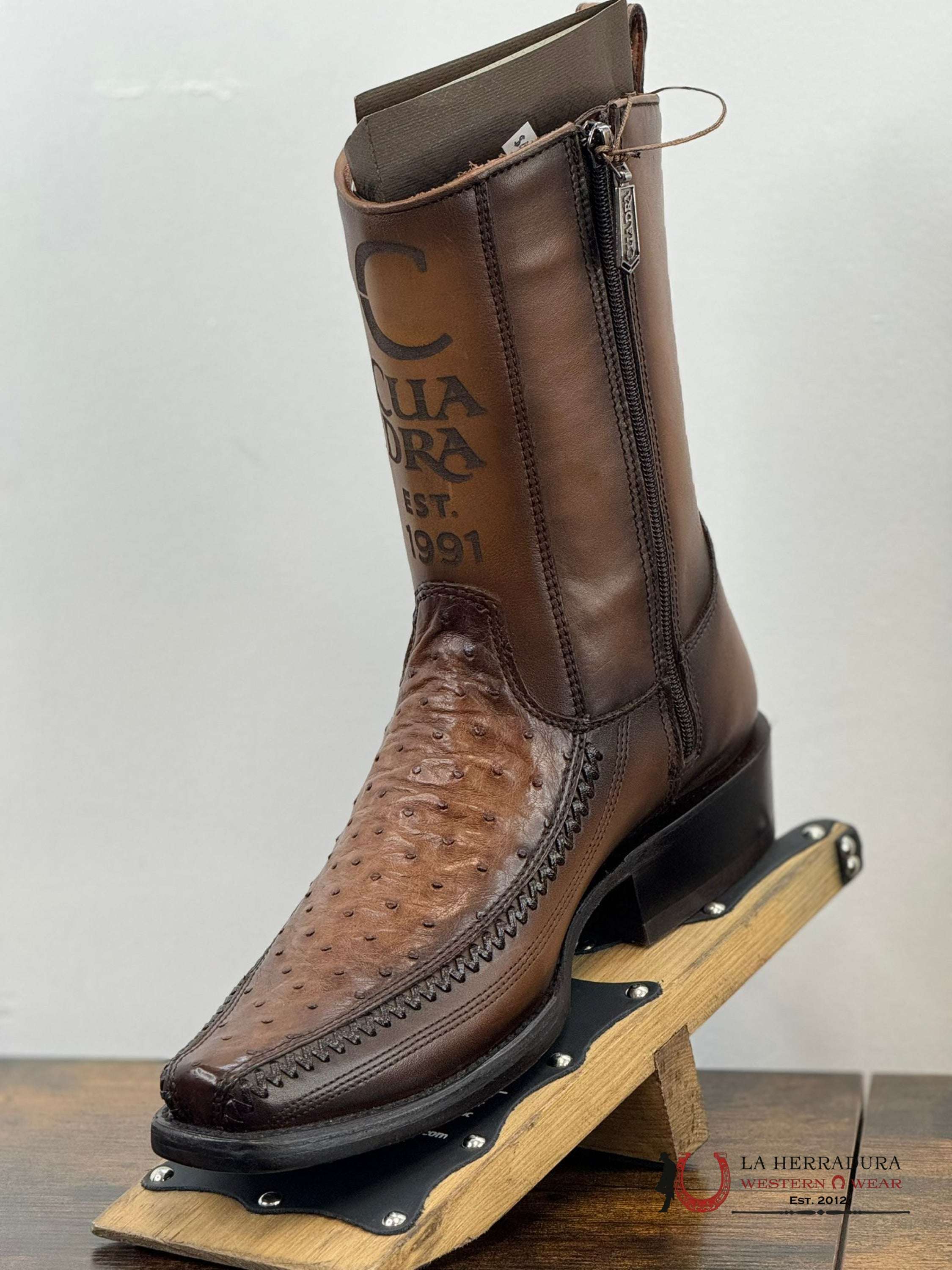 Cuadra Short Boot Ostritch Moroni Chestnut Laser & Woven Narrow Square Toe- 1J2Ka1 Botas Hombres