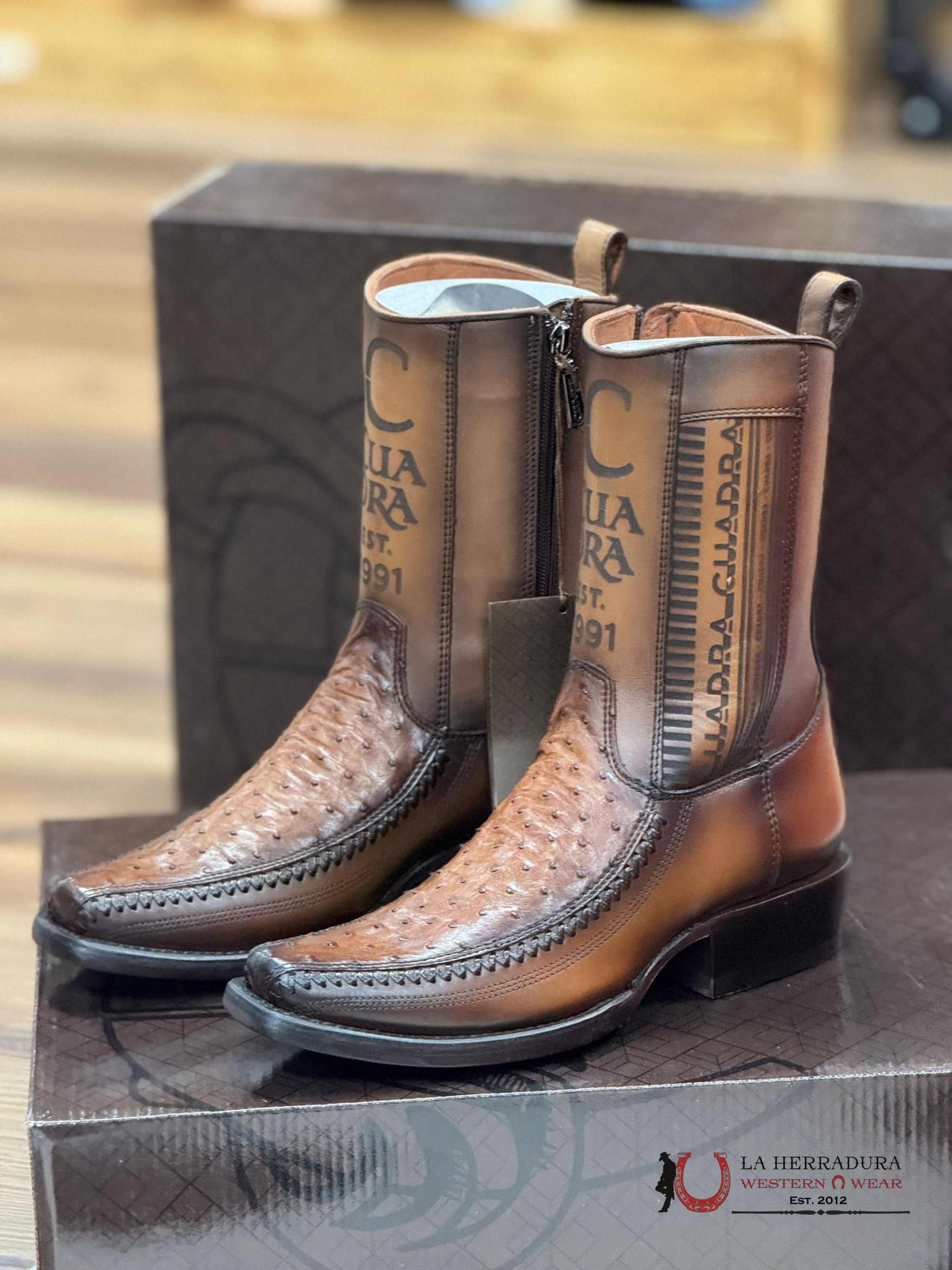 Cuadra Short Boot Ostritch Moroni Chestnut Laser & Woven Narrow Square Toe- 1J2Ka1 Botas Hombres