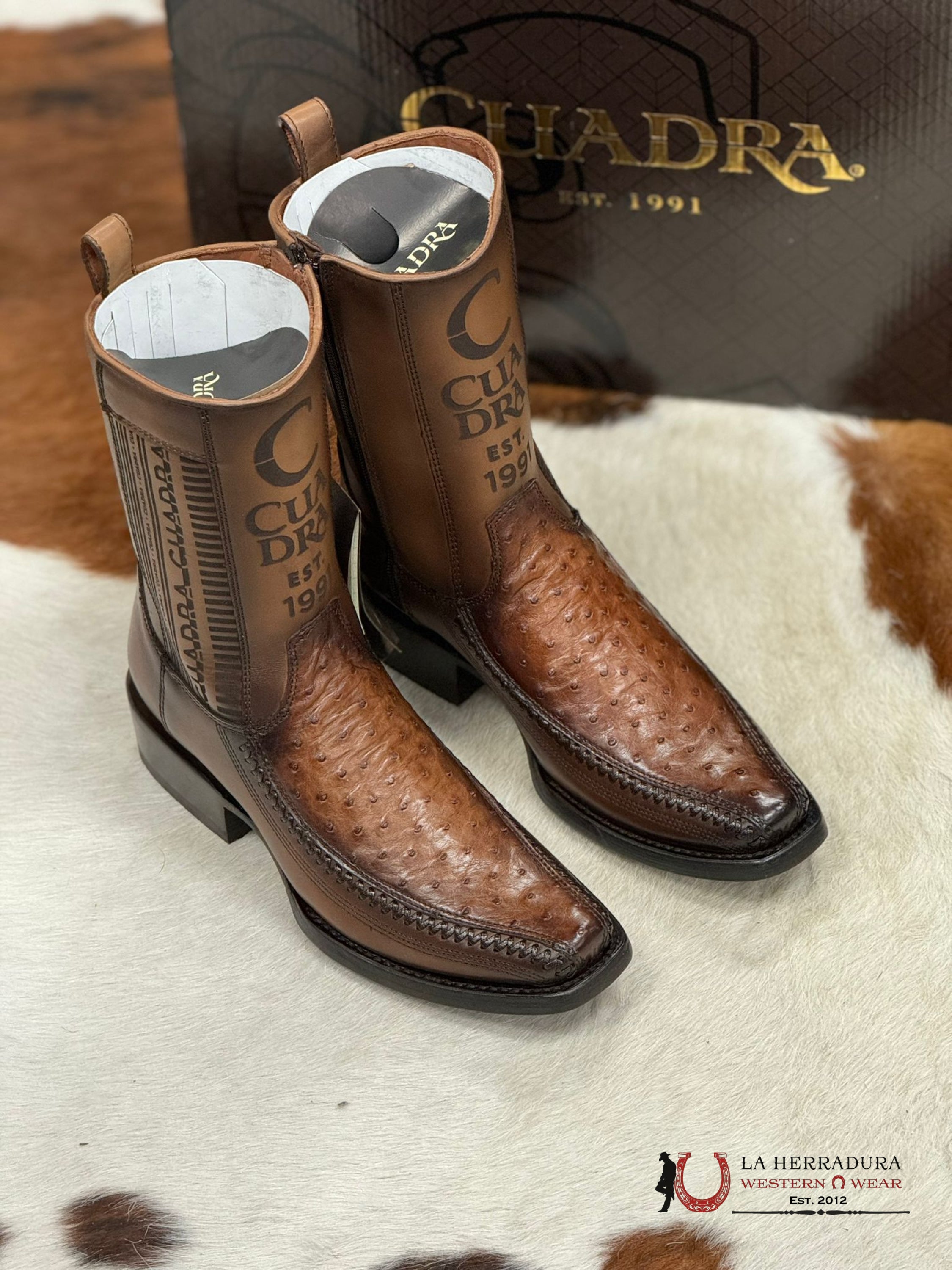 Cuadra Short Boot Ostritch Moroni Chestnut Laser & Woven Narrow Square Toe- 1J2Ka1 Botas Hombres