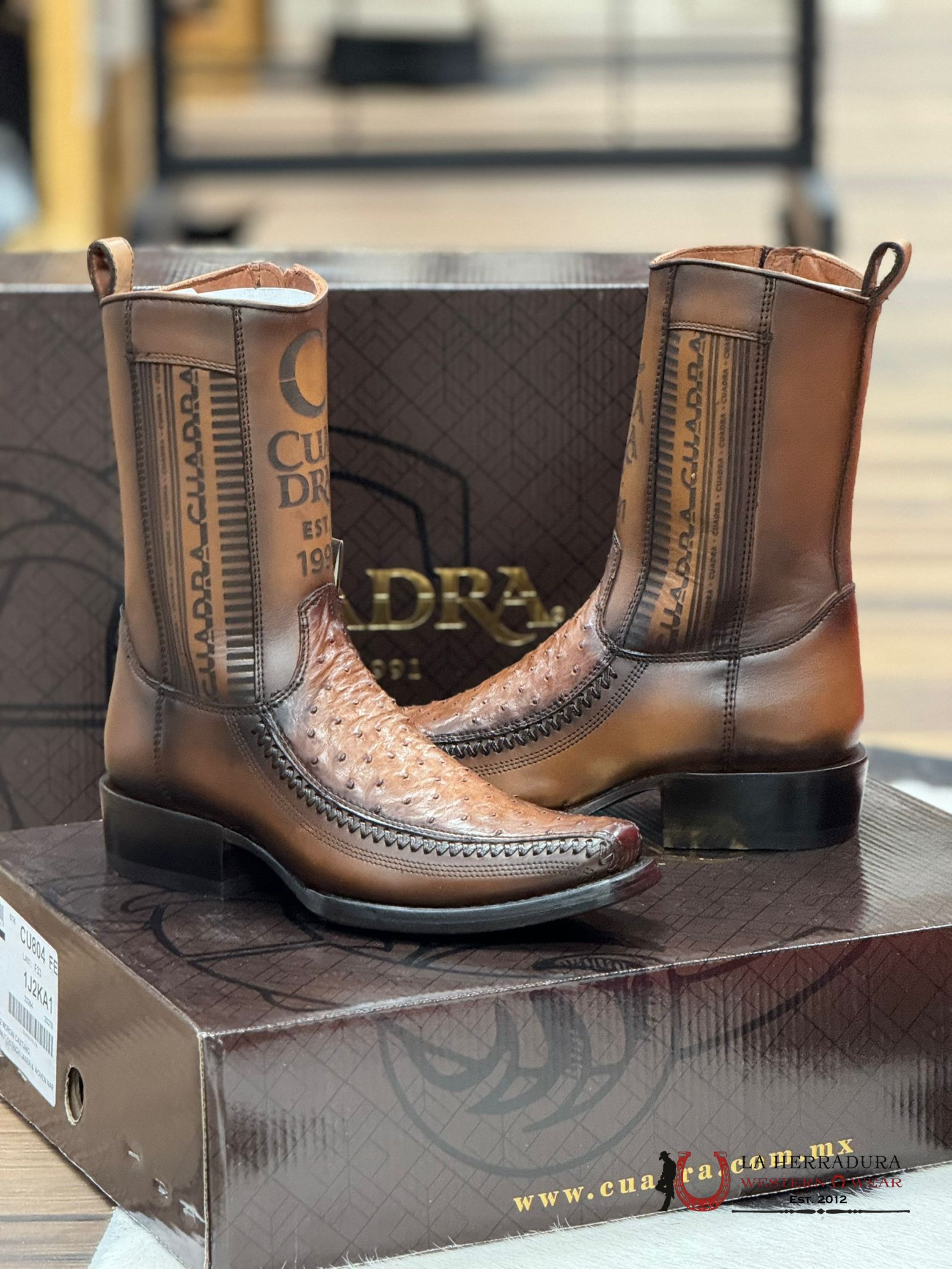 Cuadra Short Boot Ostritch Moroni Chestnut Laser & Woven Narrow Square Toe- 1J2Ka1 Botas Hombres