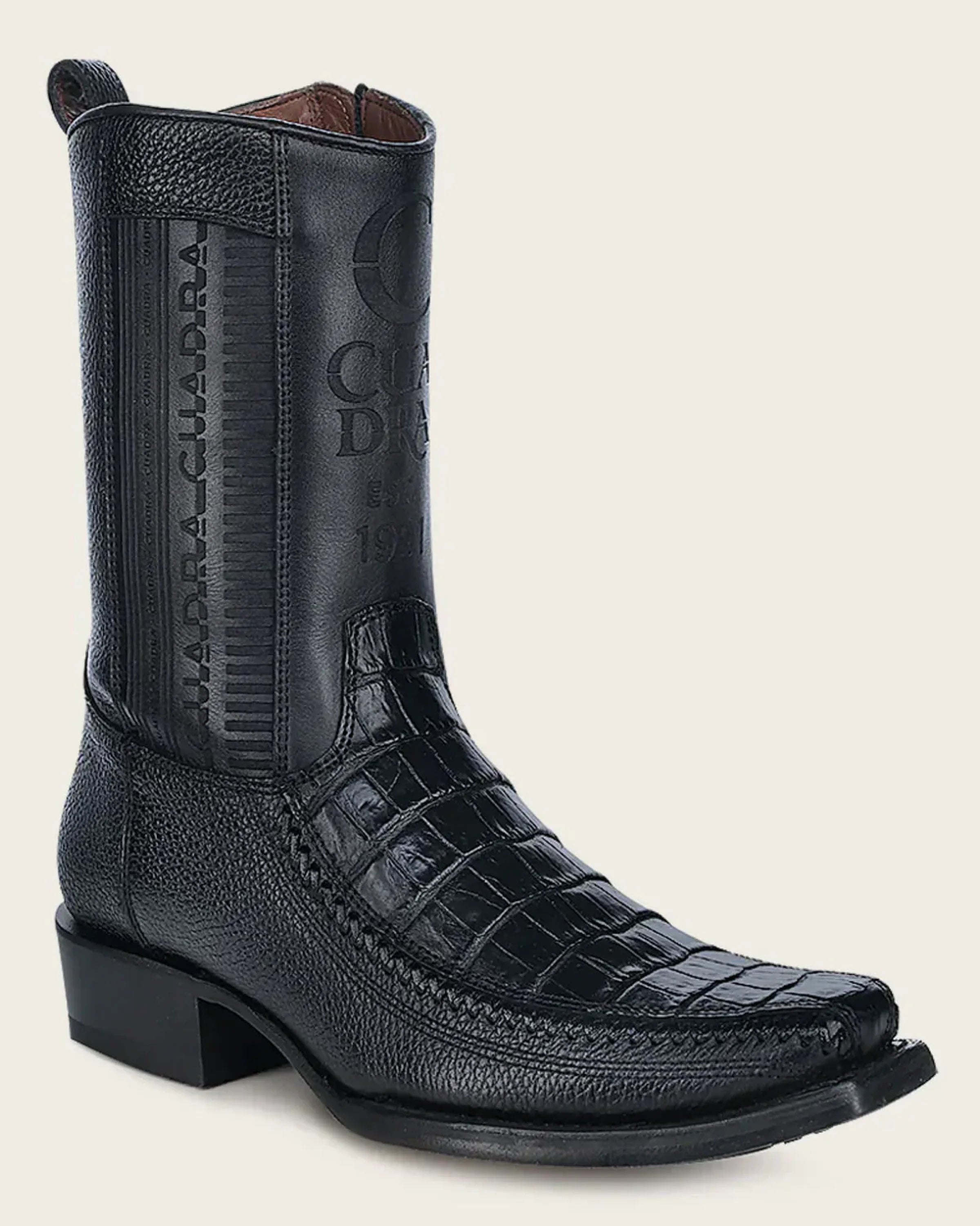 CUADRA SHORT BOOT PLUNGE BLACK COLA CAIMAN LASER & WOVEN NARROW SQUARE TOE - CU805 BOTAS HOMBRES