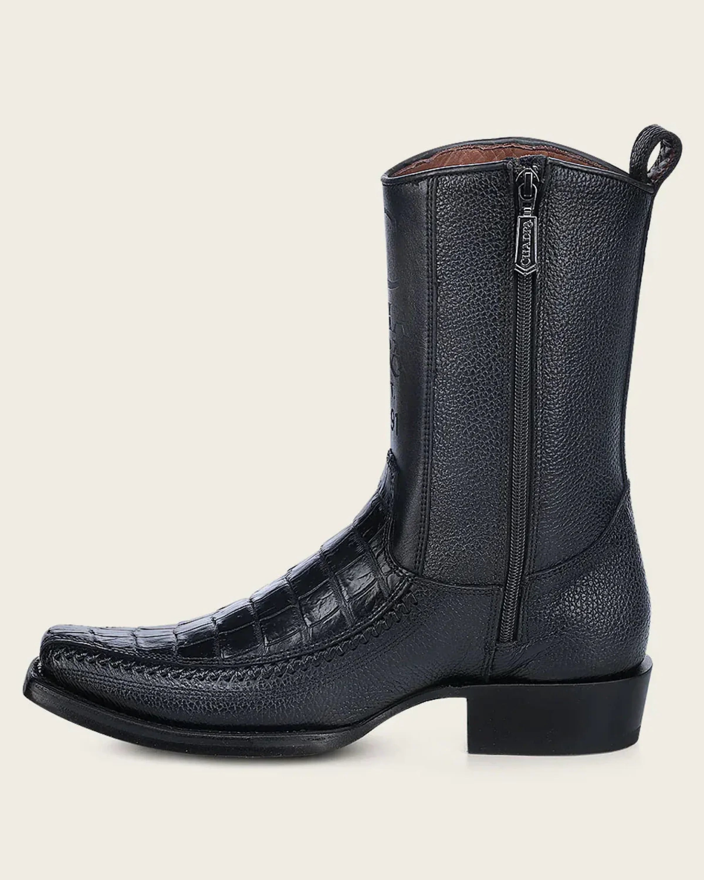 CUADRA SHORT BOOT PLUNGE BLACK COLA CAIMAN LASER & WOVEN NARROW SQUARE TOE - CU805 BOTAS HOMBRES