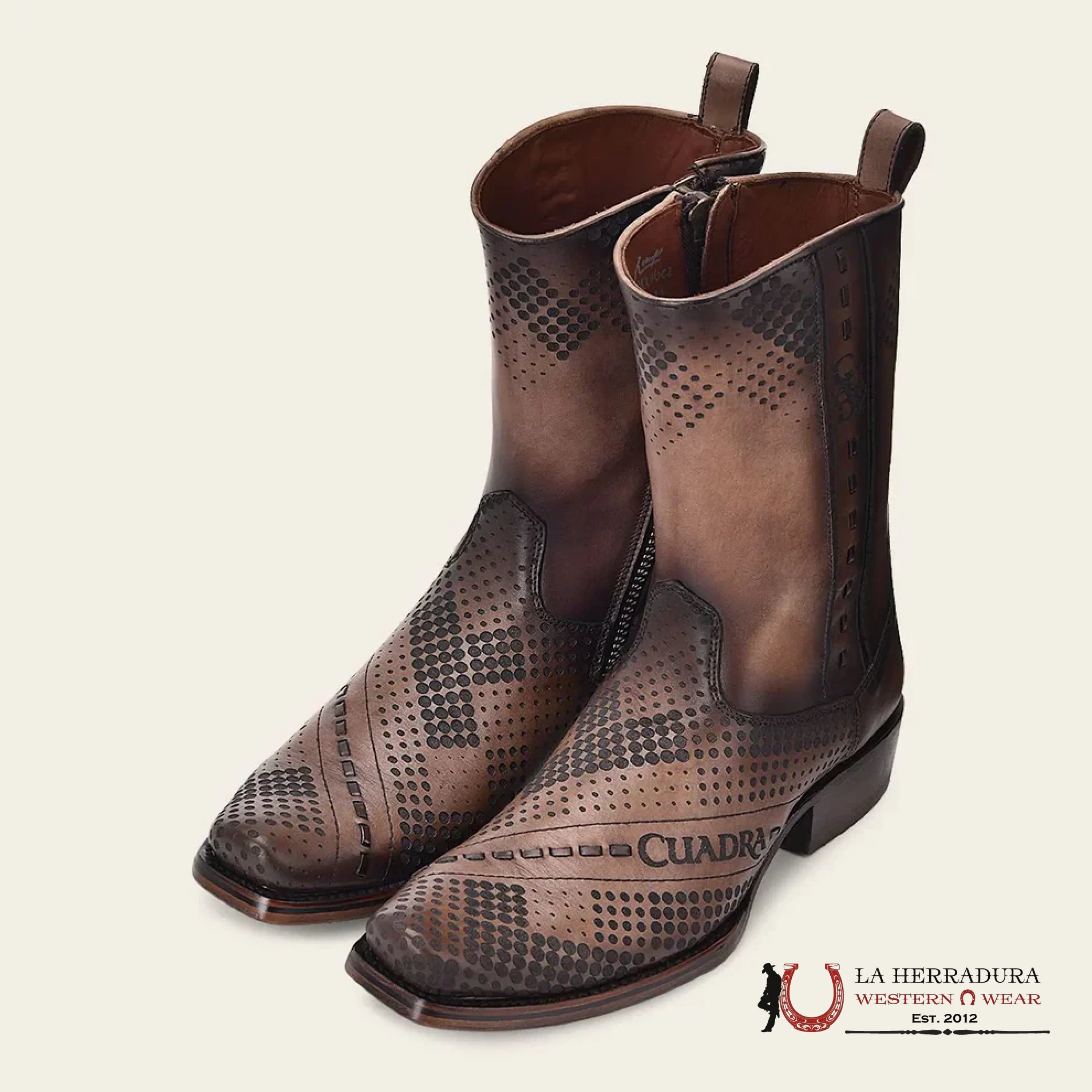 CUADRA SHORT BOOT RES CRUST TORNADO TWISTER BROWN LASER & WOVEN & ZIPPER NARROW SQUARE TOE CU737 BOTAS HOMBRES