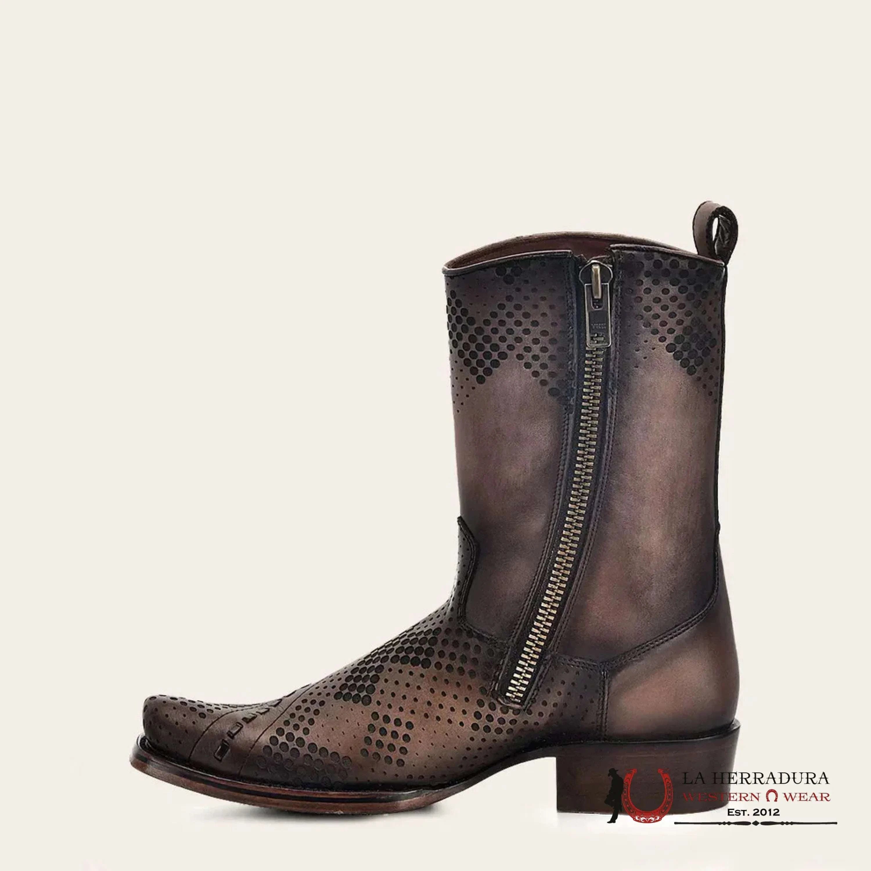 CUADRA SHORT BOOT RES CRUST TORNADO TWISTER BROWN LASER & WOVEN & ZIPPER NARROW SQUARE TOE CU737 BOTAS HOMBRES