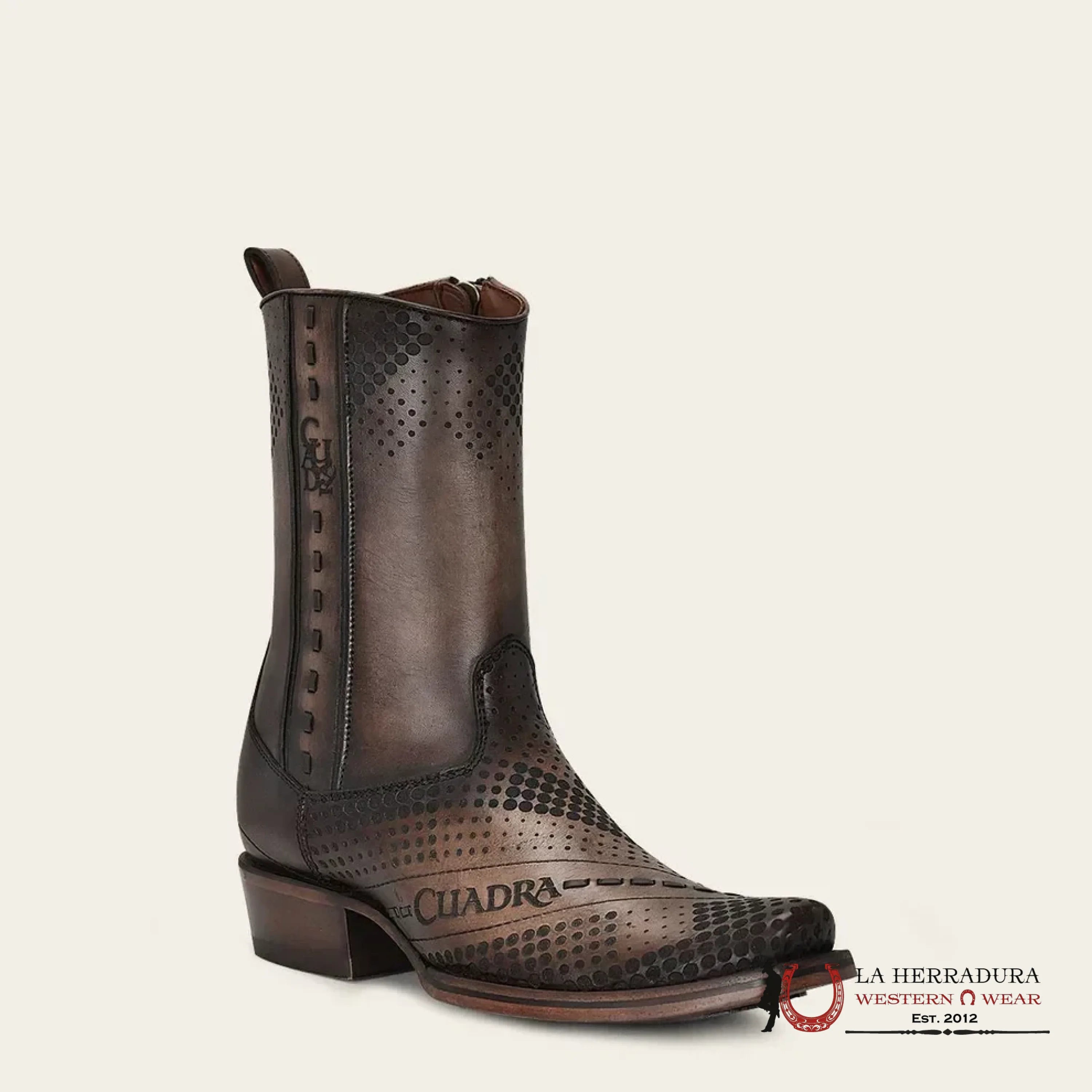 CUADRA SHORT BOOT RES CRUST TORNADO TWISTER BROWN LASER & WOVEN & ZIPPER NARROW SQUARE TOE CU737 BOTAS HOMBRES