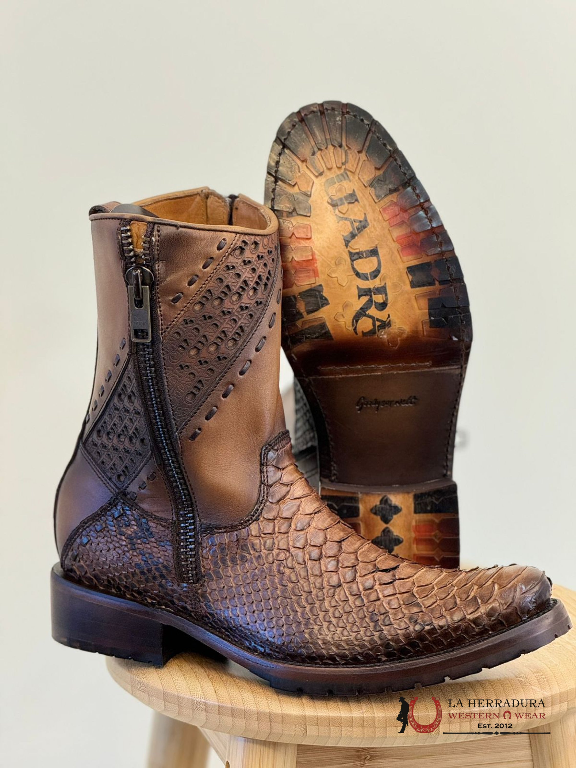 Cuadra Short Boots Python Brown Laser & Woven Round Toe Botas Hombres
