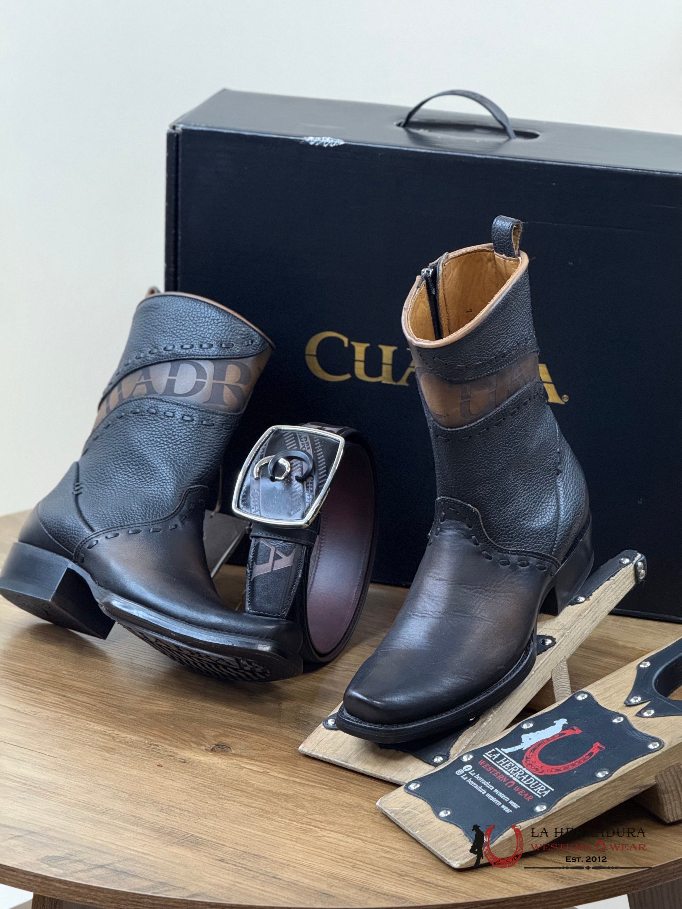 Cuadra Short Sillero Viene Negro Black Laser & Woven Narrow Square Toe Botas Hombres