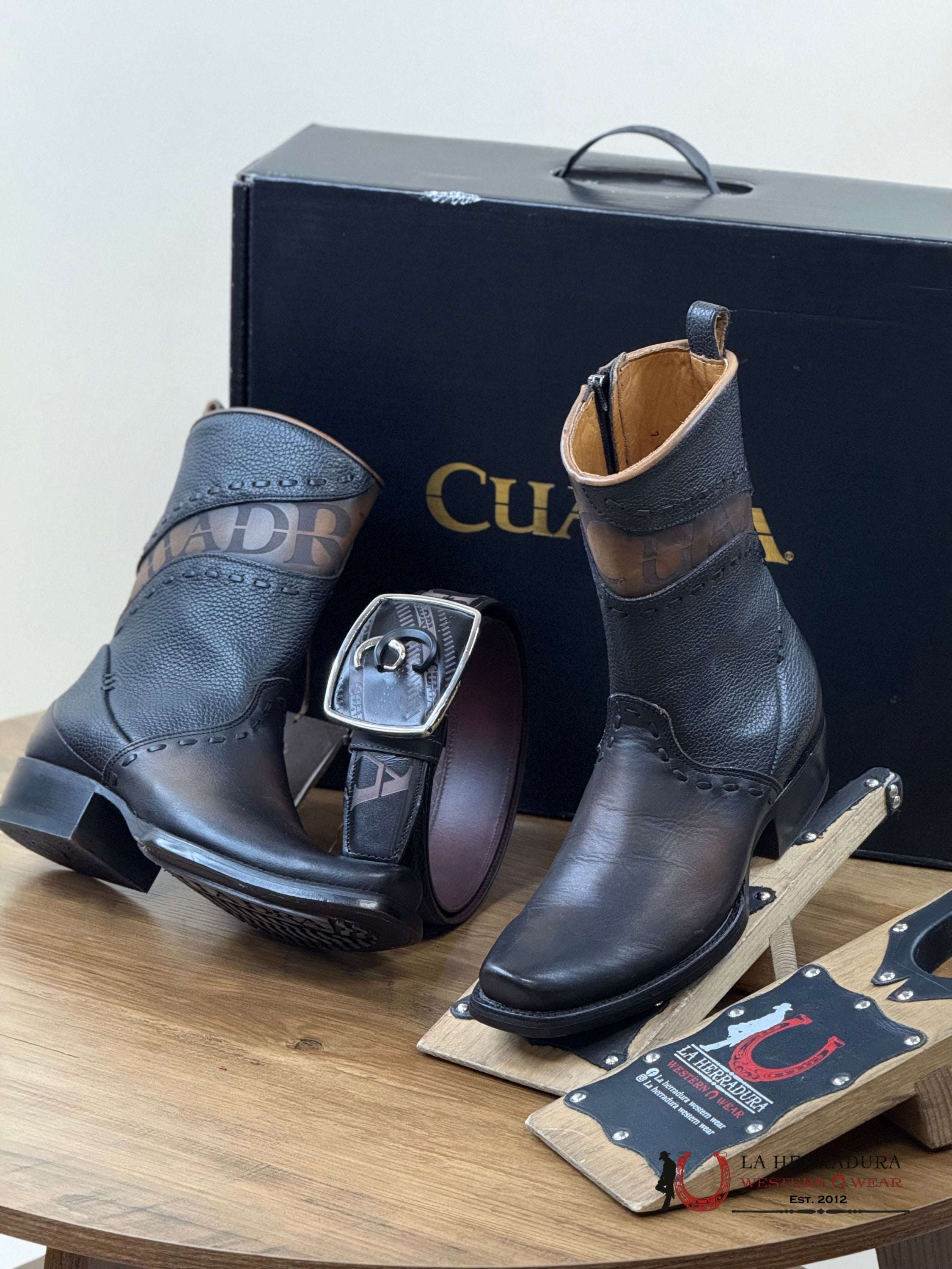Cuadra Short Sillero Viene Negro Black Laser & Woven Narrow Square Toe Botas Hombres