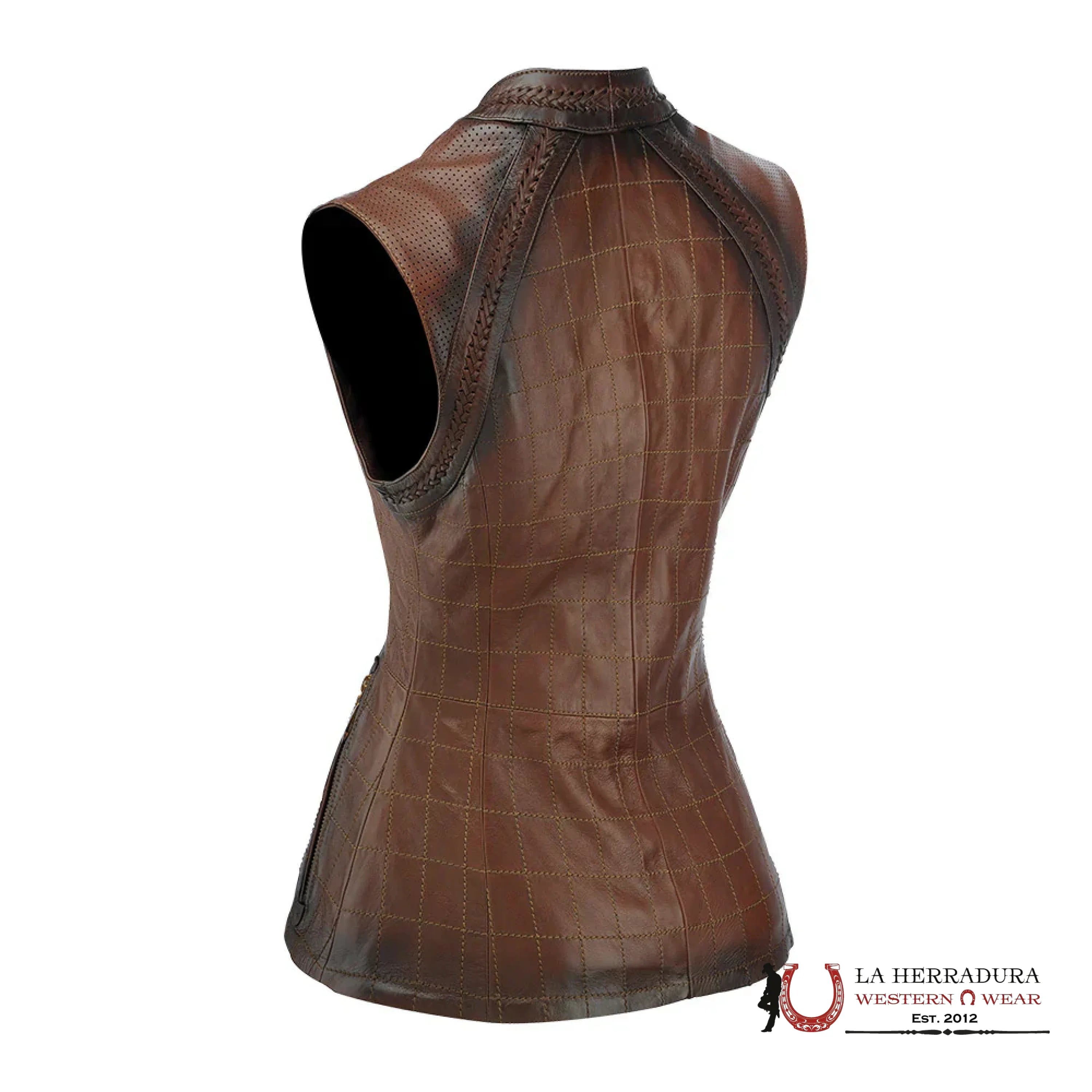 Cuadra Womens Checkered Embroidered Brown Leather Vest Ropa Mujeres