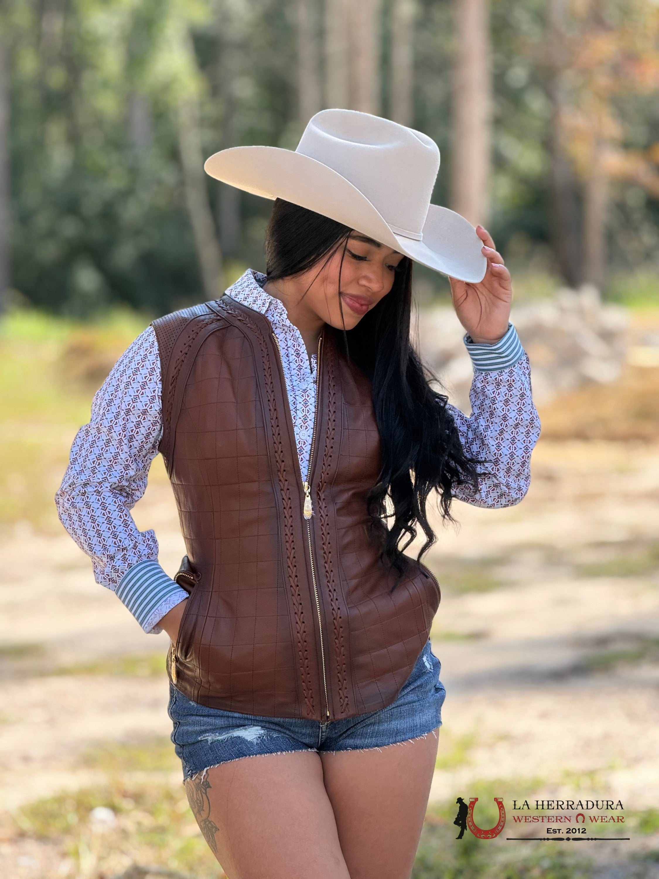 Cuadra Womens Checkered Embroidered Brown Leather Vest Ropa Mujeres