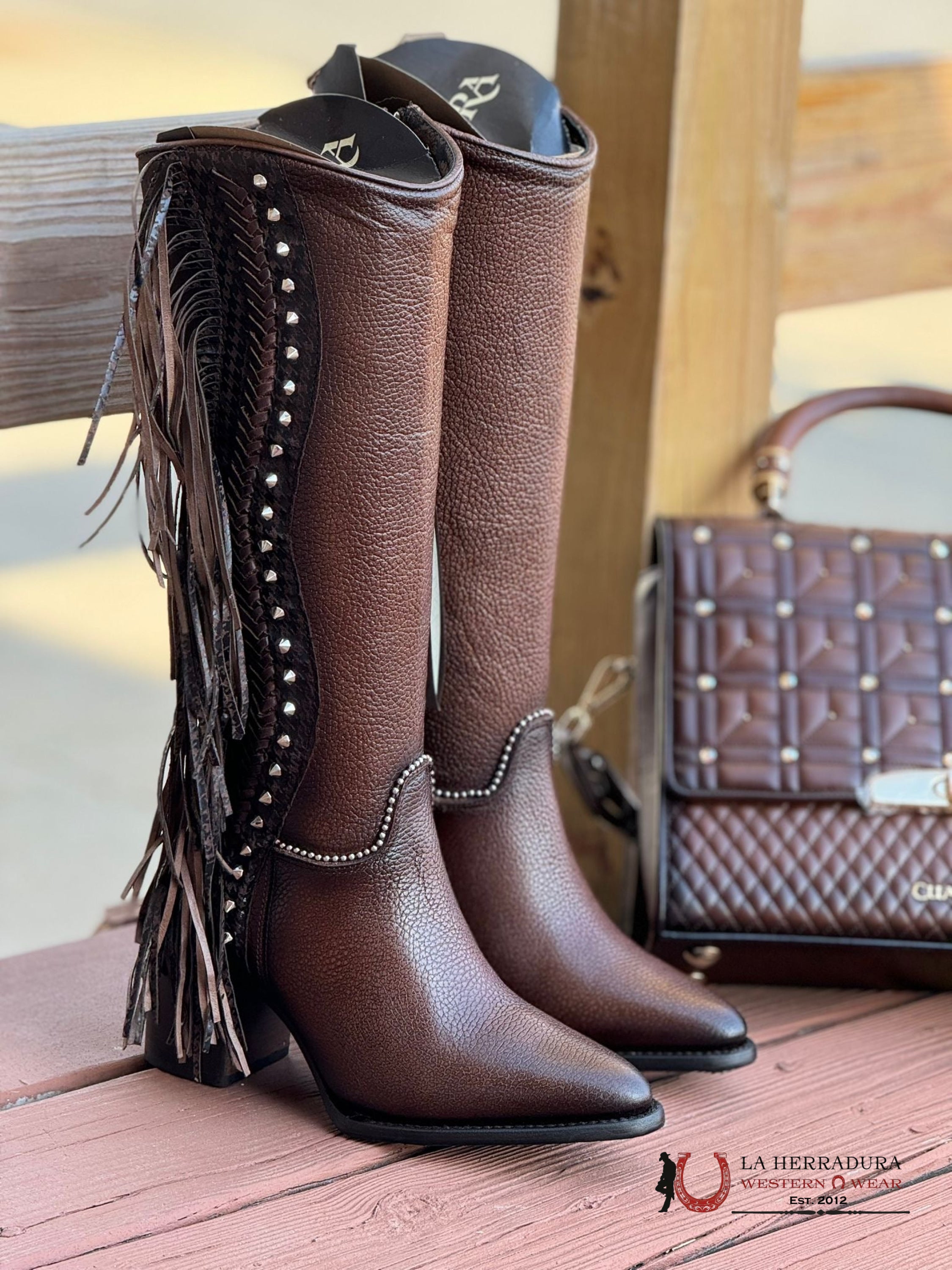 Cuadra Womens Res Angelia Brown Studs & Fringe Tall Boot Pointed Toe Botas Mujeres