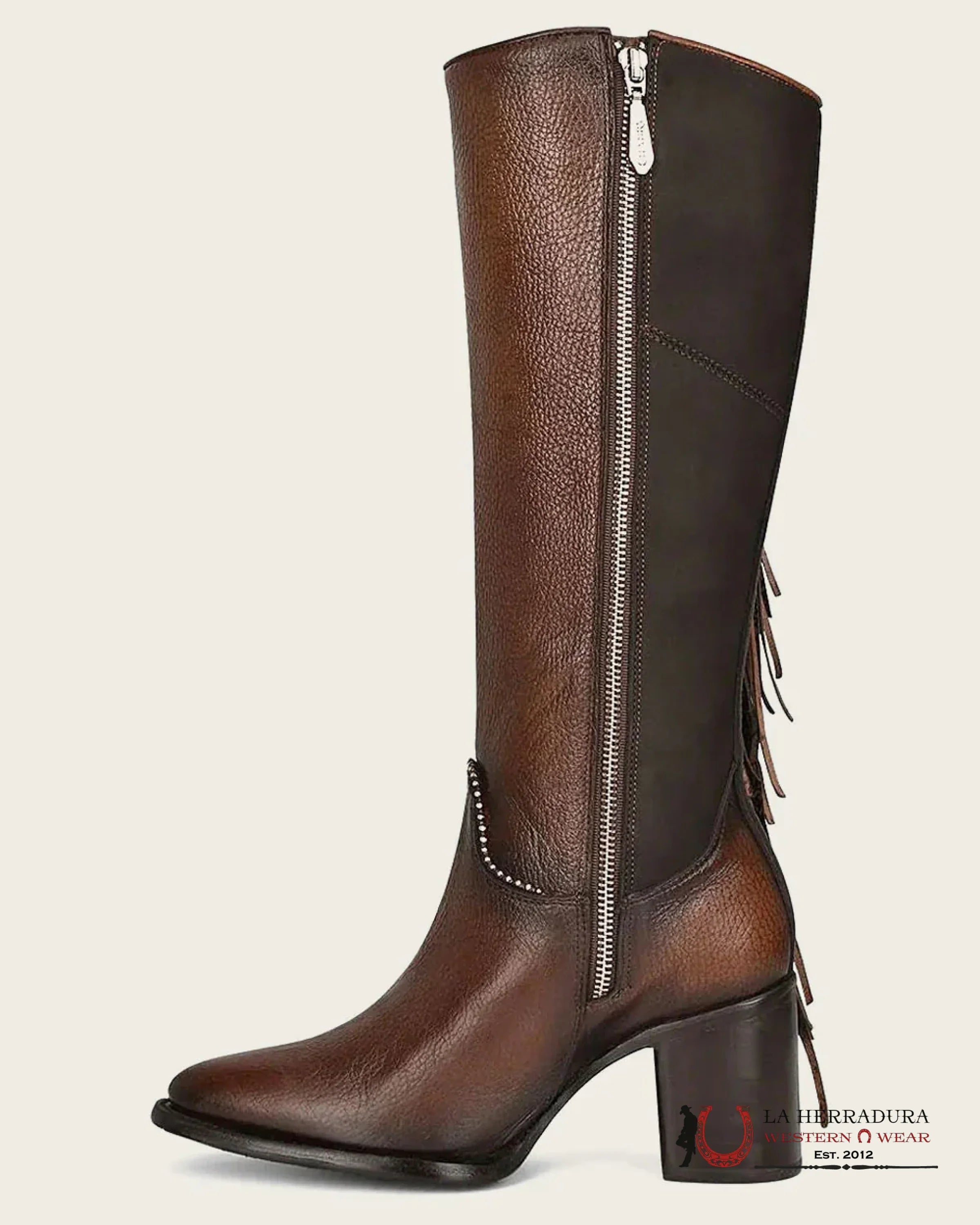 CUADRA WOMENS RES ARGELIA BROWN STUDS & FRINGE TALL BOOT POINTED TOE BOTAS MUJERES