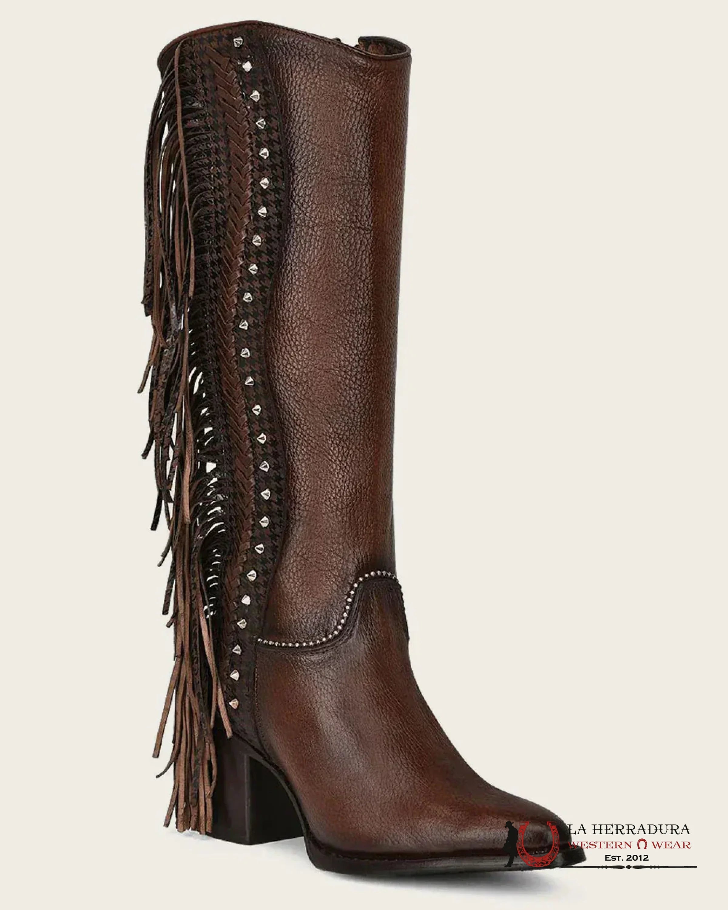 CUADRA WOMENS RES ARGELIA BROWN STUDS & FRINGE TALL BOOT POINTED TOE BOTAS MUJERES