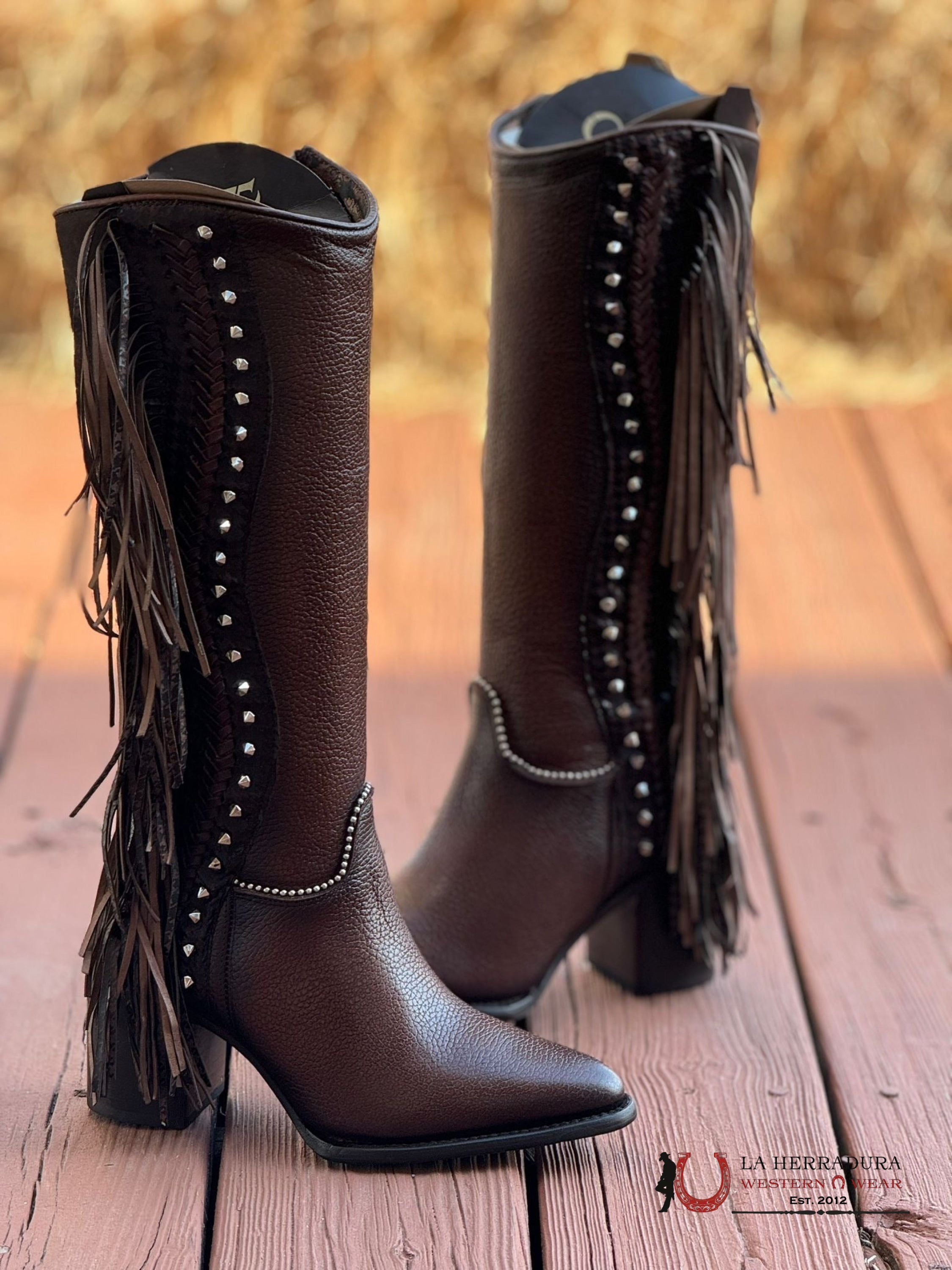 Cuadra Womens Res Angelia Brown Studs & Fringe Tall Boot Pointed Toe Botas Mujeres