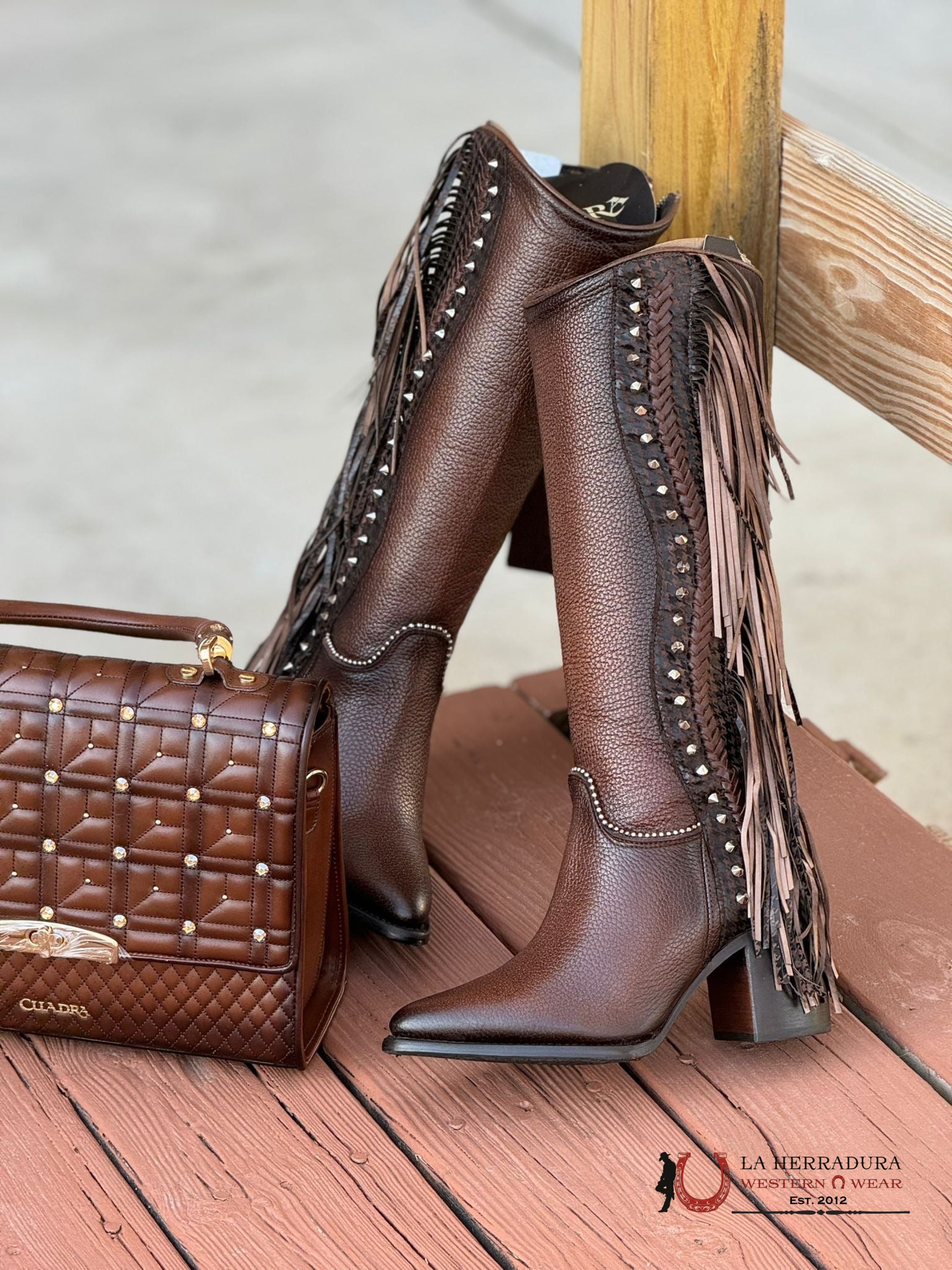 Cuadra Womens Res Angelia Brown Studs & Fringe Tall Boot Pointed Toe Botas Mujeres