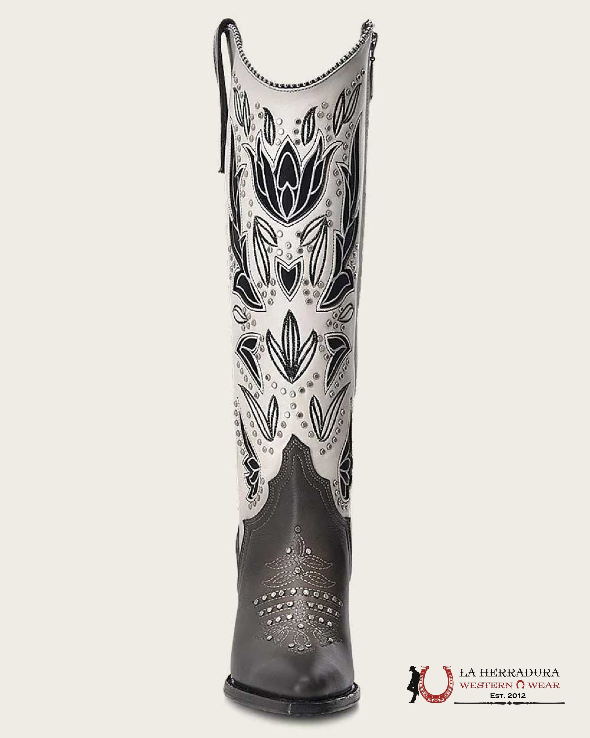 CUADRA WOMENS RES CRUST TOKIO GREY EMBROIDERY & CUT OUT STUDS SNIP TOE TALL BOOT BOTAS MUJERES