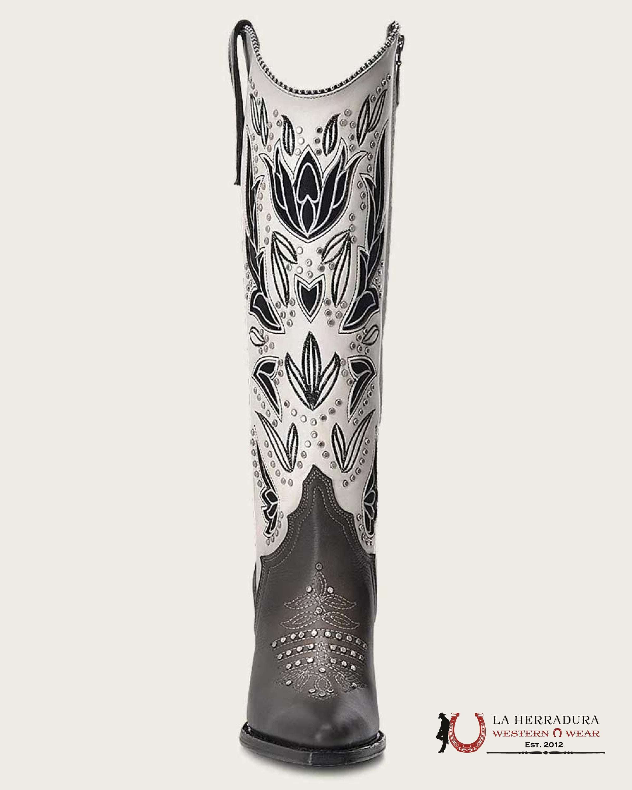 CUADRA WOMENS RES CRUST TOKIO GREY EMBROIDERY & CUT OUT STUDS SNIP TOE TALL BOOT BOTAS MUJERES