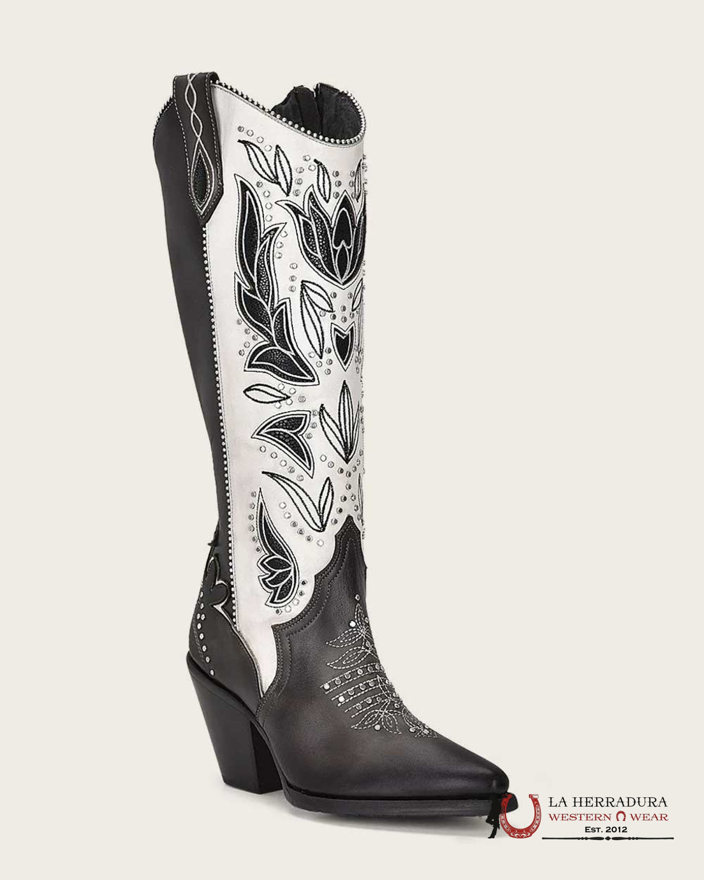 CUADRA WOMENS RES CRUST TOKIO GREY EMBROIDERY & CUT OUT STUDS SNIP TOE TALL BOOT BOTAS MUJERES