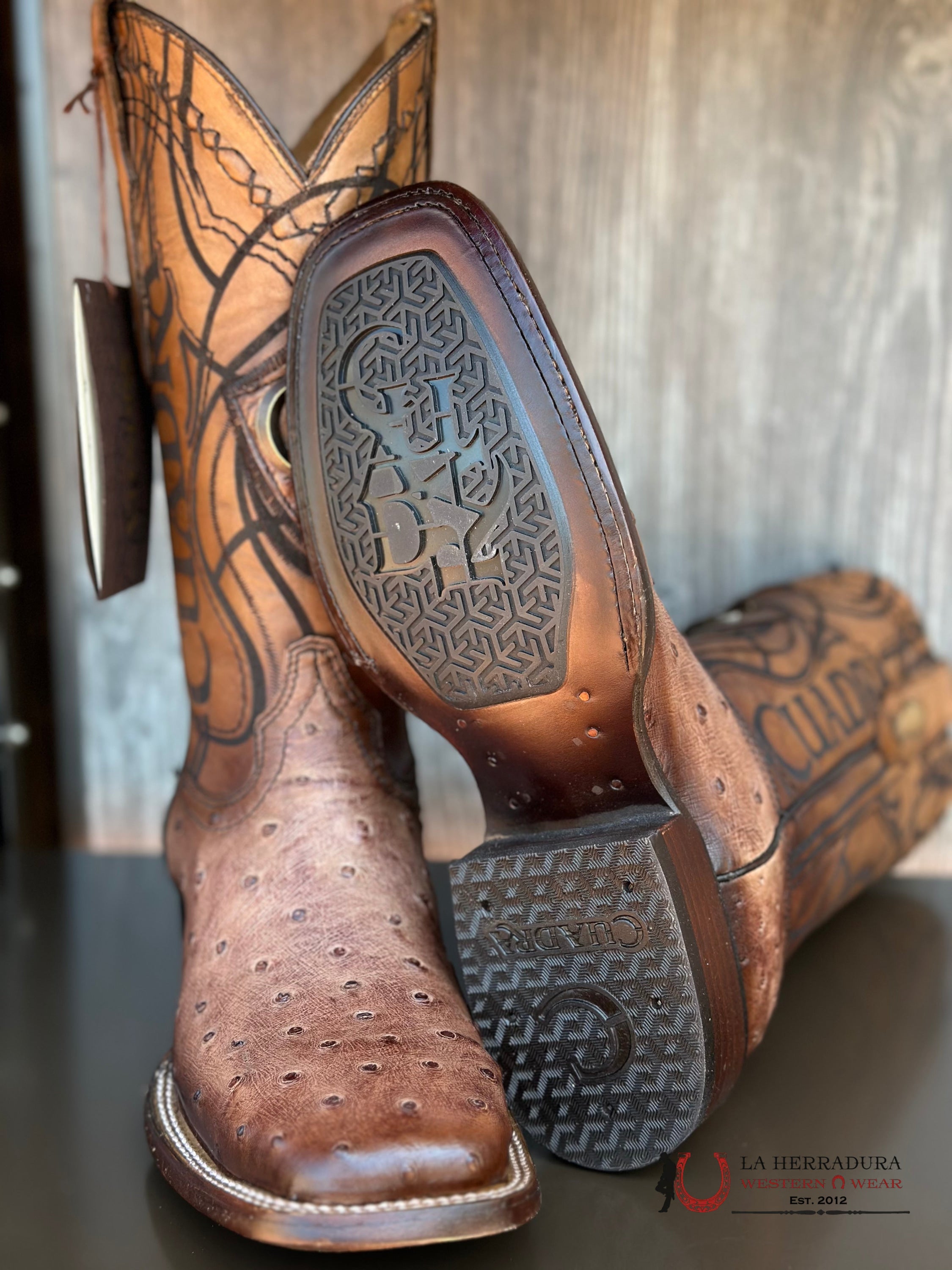 Cudra Ostrich Lugano Brown Embroidery Laser Woven Square Toe Boot Botas Hombres