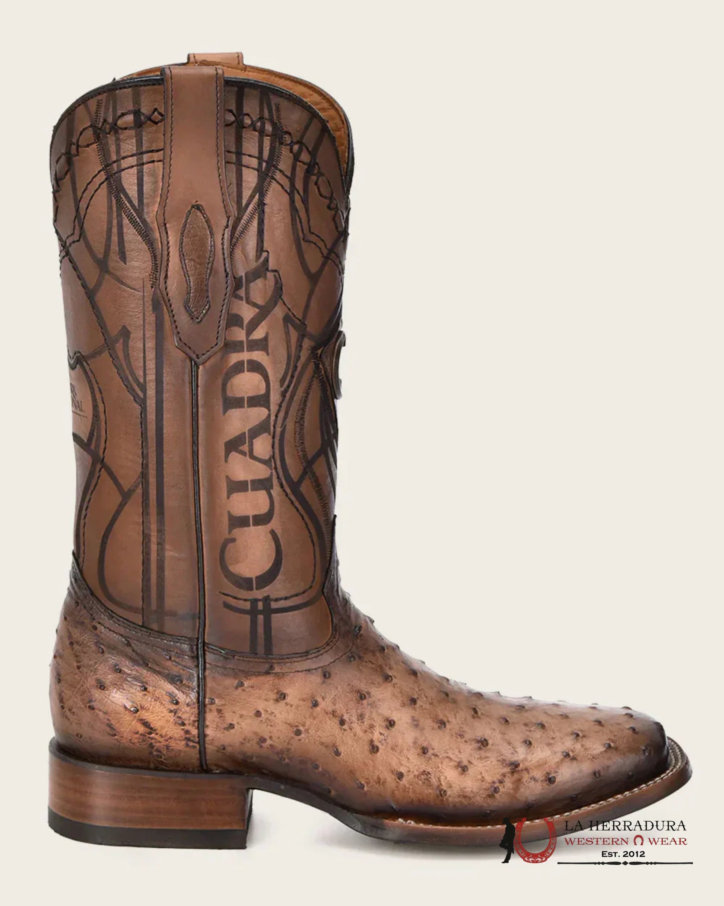 CUDRA OSTRICH LUGANO BROWN EMBROIDERY LASER WOVEN SQUARE TOE BOOT BOTAS HOMBRES