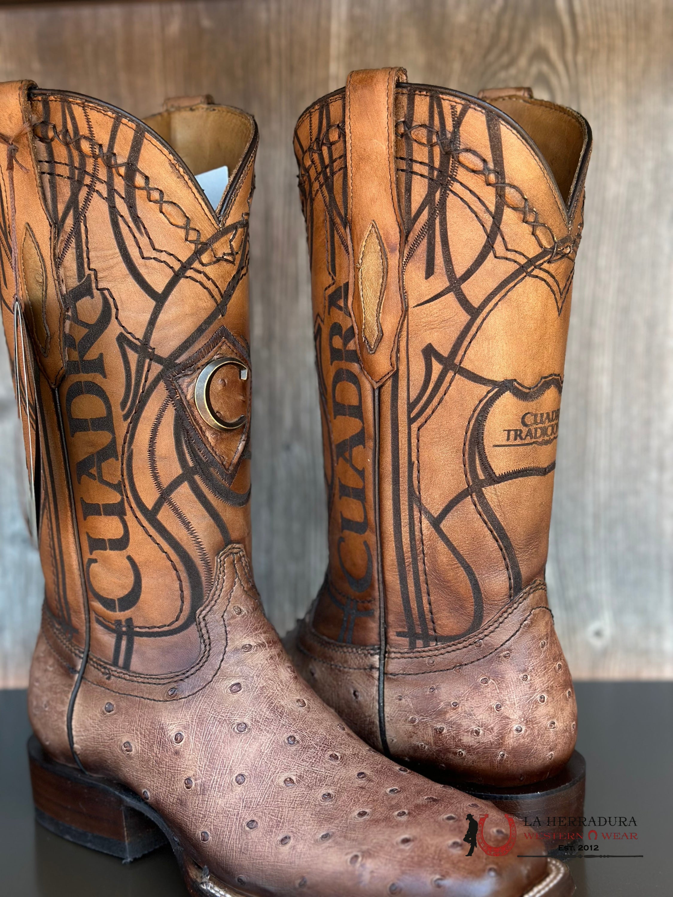 Cudra Ostrich Lugano Brown Embroidery Laser Woven Square Toe Boot Botas Hombres