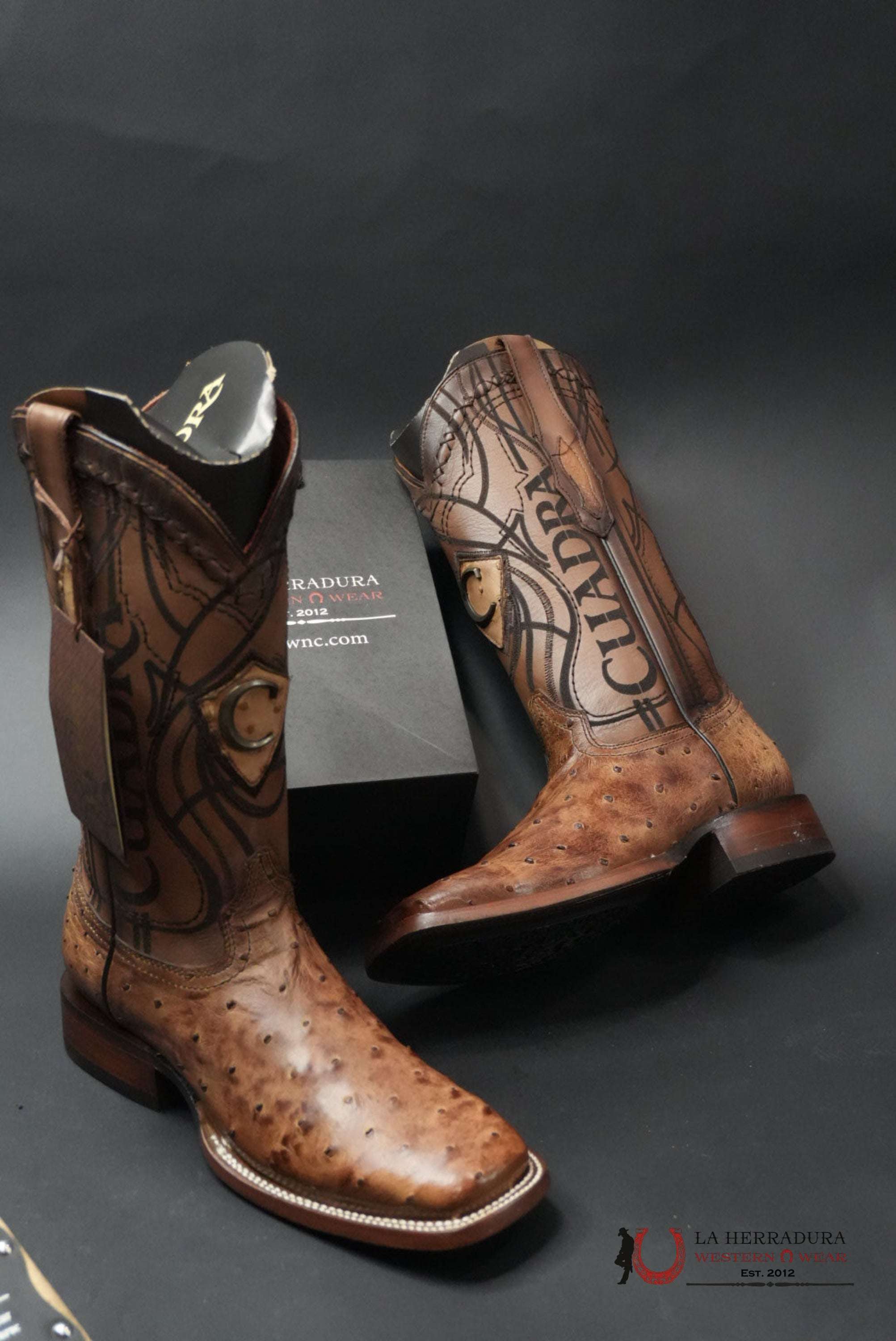 CUDRA OSTRICH LUGANO BROWN EMBROIDERY LASER WOVEN SQUARE TOE BOOT BOTAS HOMBRES