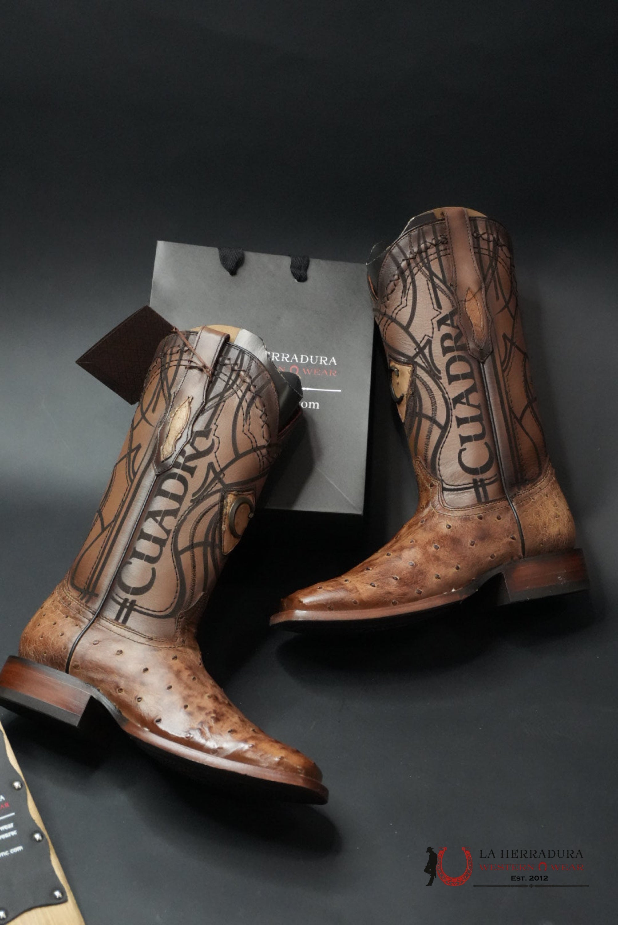 CUDRA OSTRICH LUGANO BROWN EMBROIDERY LASER WOVEN SQUARE TOE BOOT BOTAS HOMBRES
