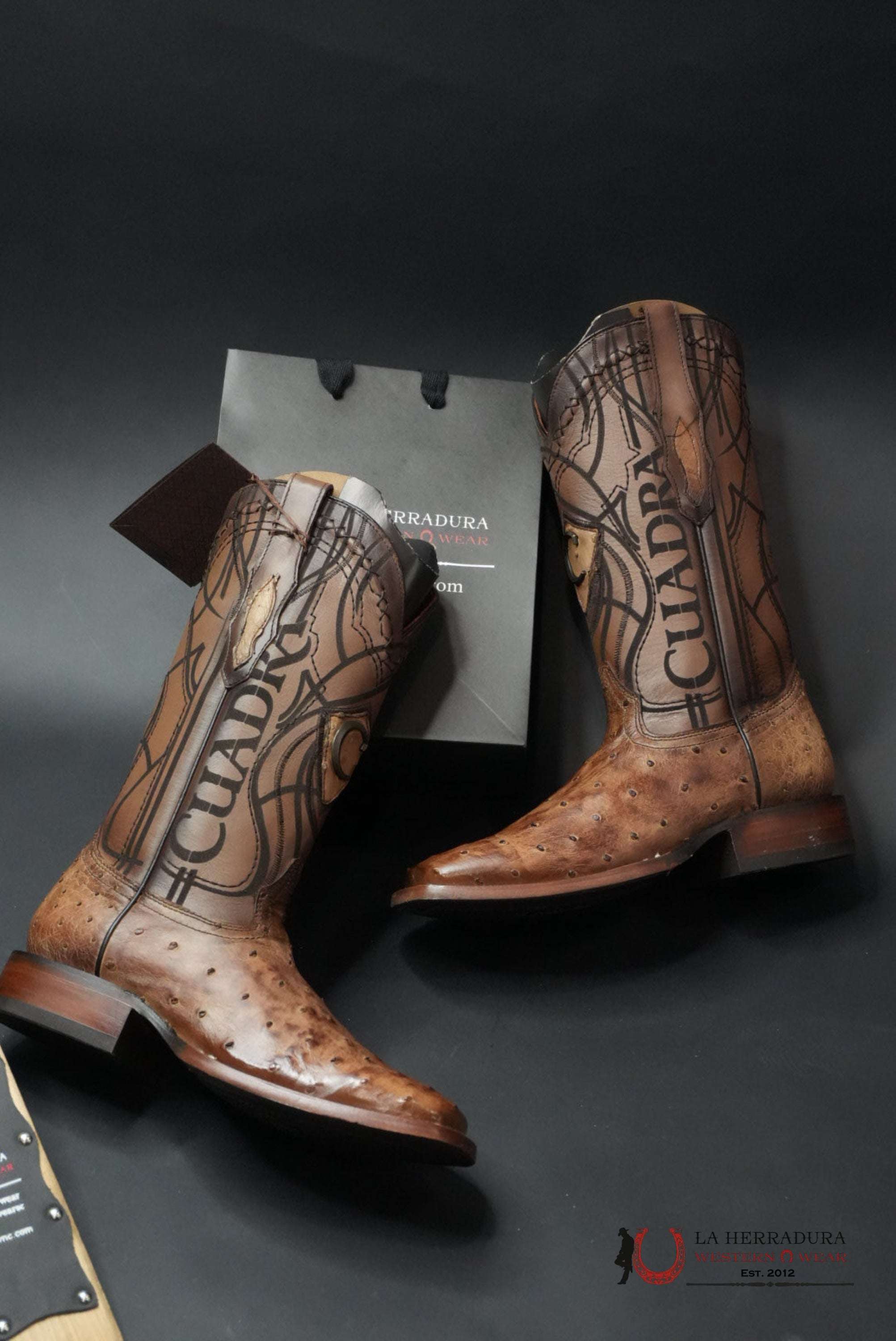 CUDRA OSTRICH LUGANO BROWN EMBROIDERY LASER WOVEN SQUARE TOE BOOT BOTAS HOMBRES