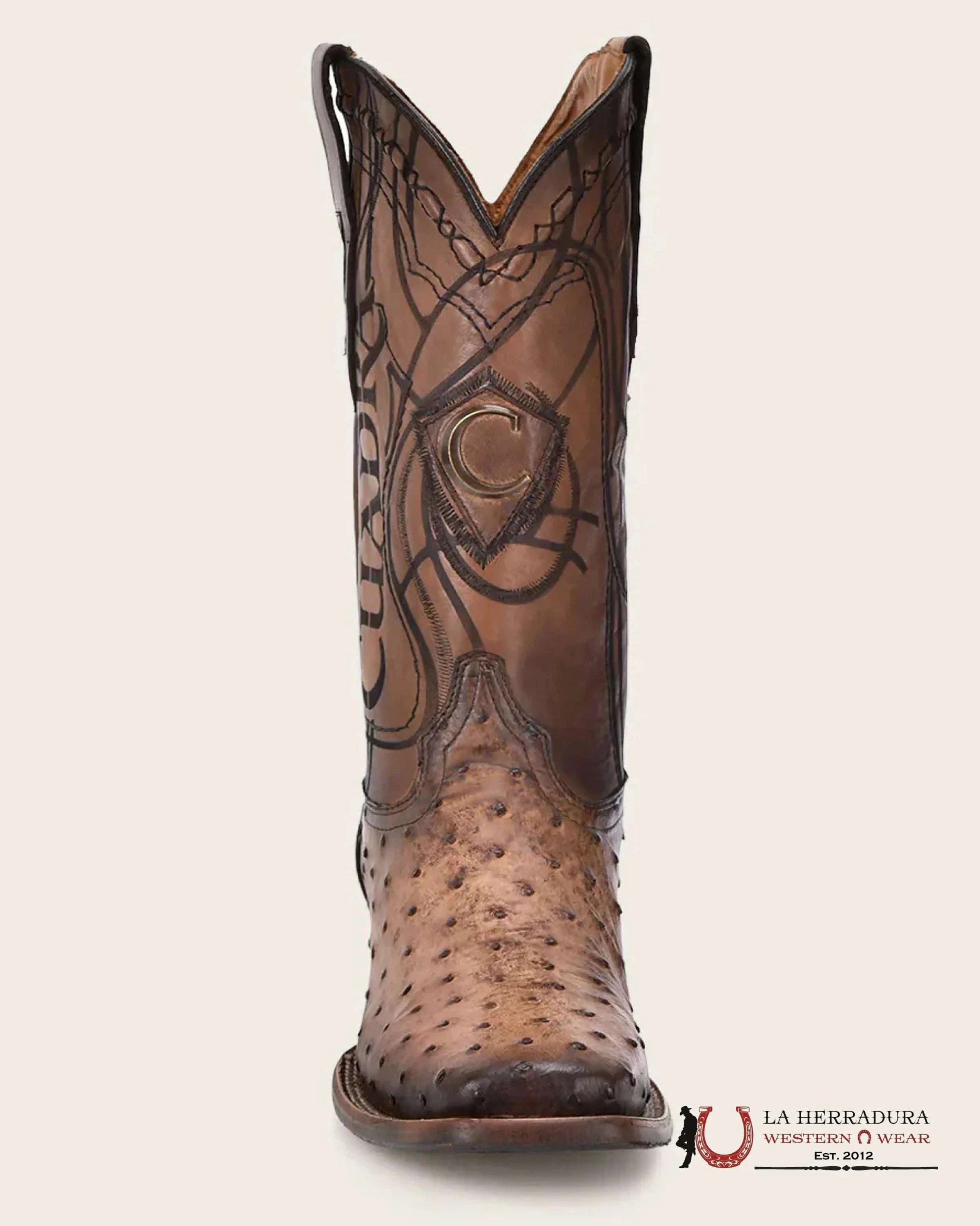 CUDRA OSTRICH LUGANO BROWN EMBROIDERY LASER WOVEN SQUARE TOE BOOT BOTAS HOMBRES