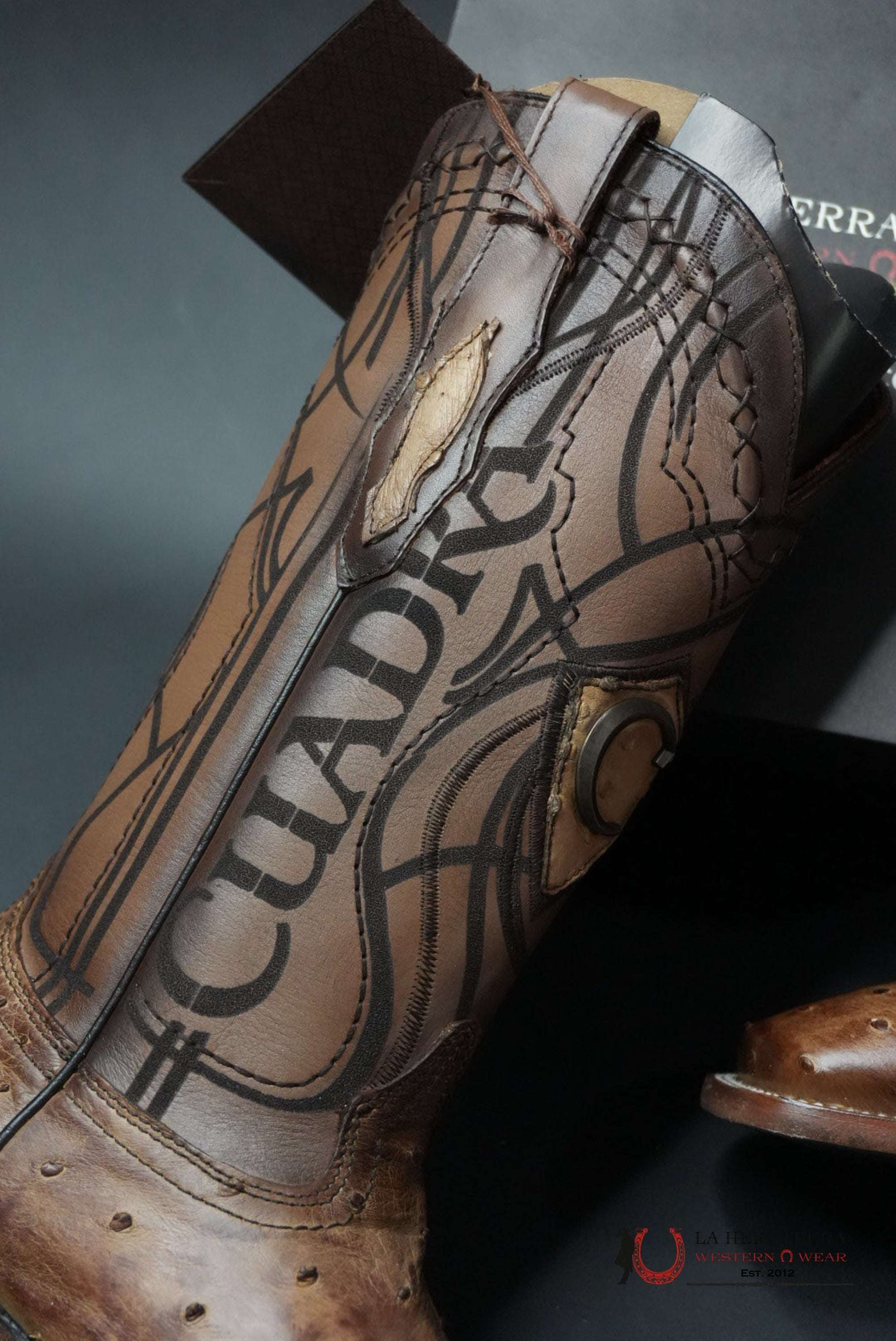 CUDRA OSTRICH LUGANO BROWN EMBROIDERY LASER WOVEN SQUARE TOE BOOT BOTAS HOMBRES