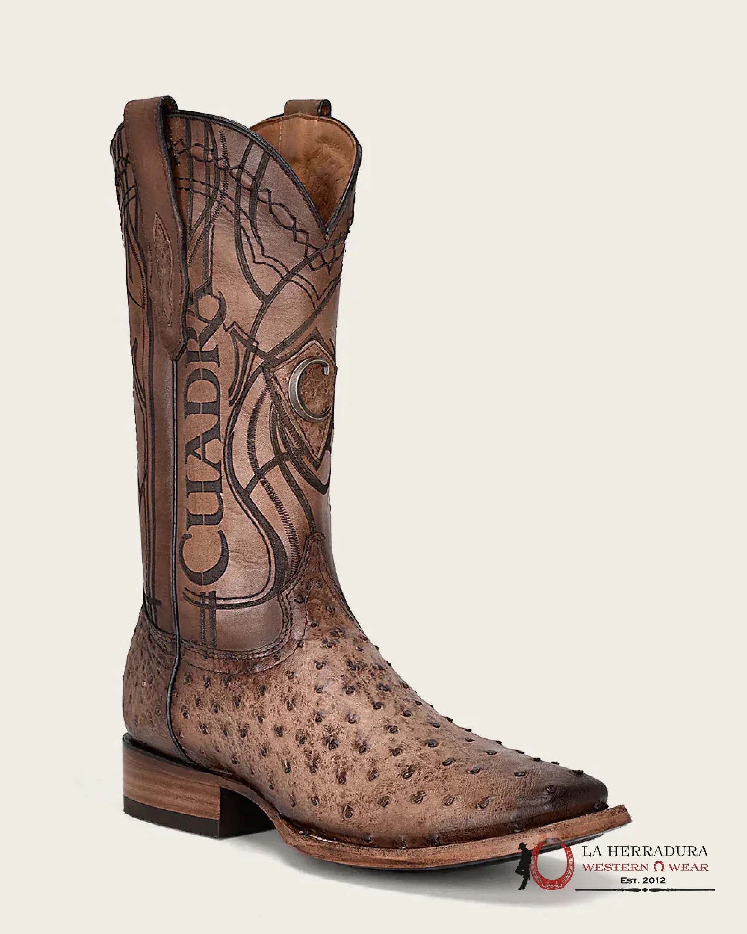CUDRA OSTRICH LUGANO BROWN EMBROIDERY LASER WOVEN SQUARE TOE BOOT BOTAS HOMBRES