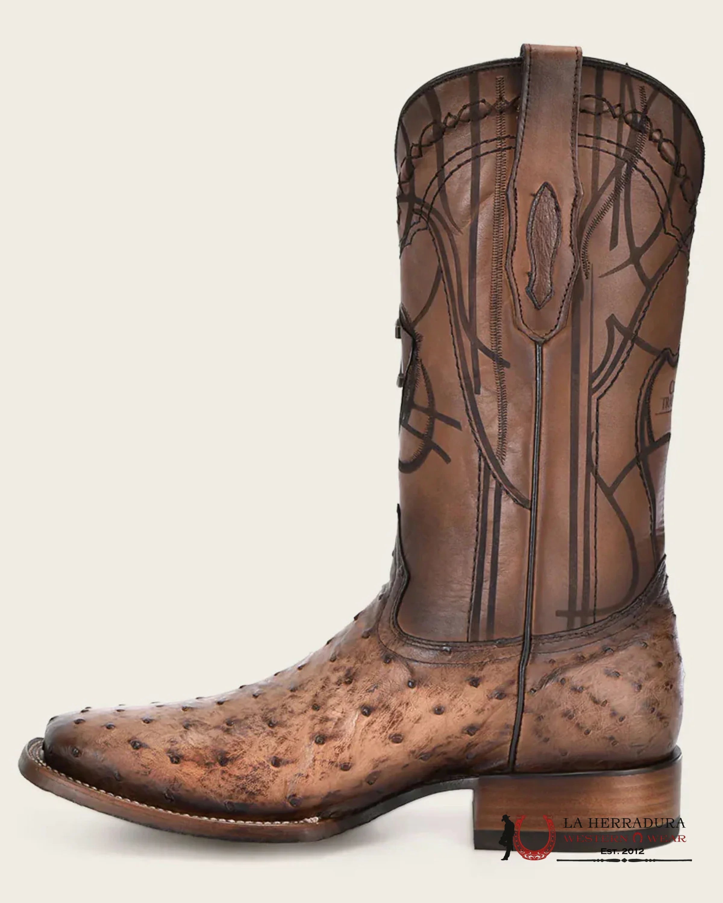 CUDRA OSTRICH LUGANO BROWN EMBROIDERY LASER WOVEN SQUARE TOE BOOT BOTAS HOMBRES