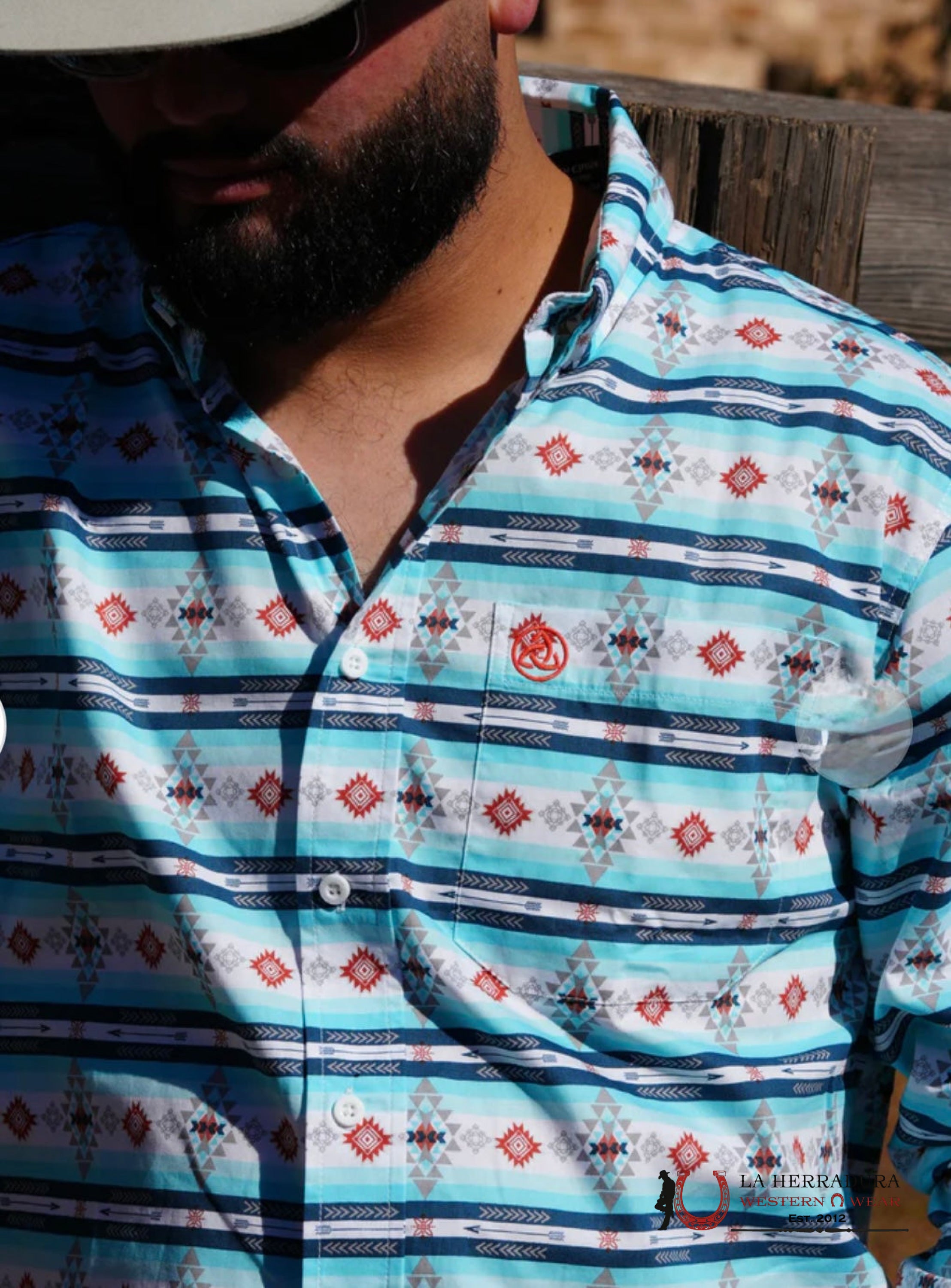 CUERO LINE MEN’S BLUE LONG SLEEVE STRIPED AZTEC PRINT SKCL2023102 ROPA HOMBRES