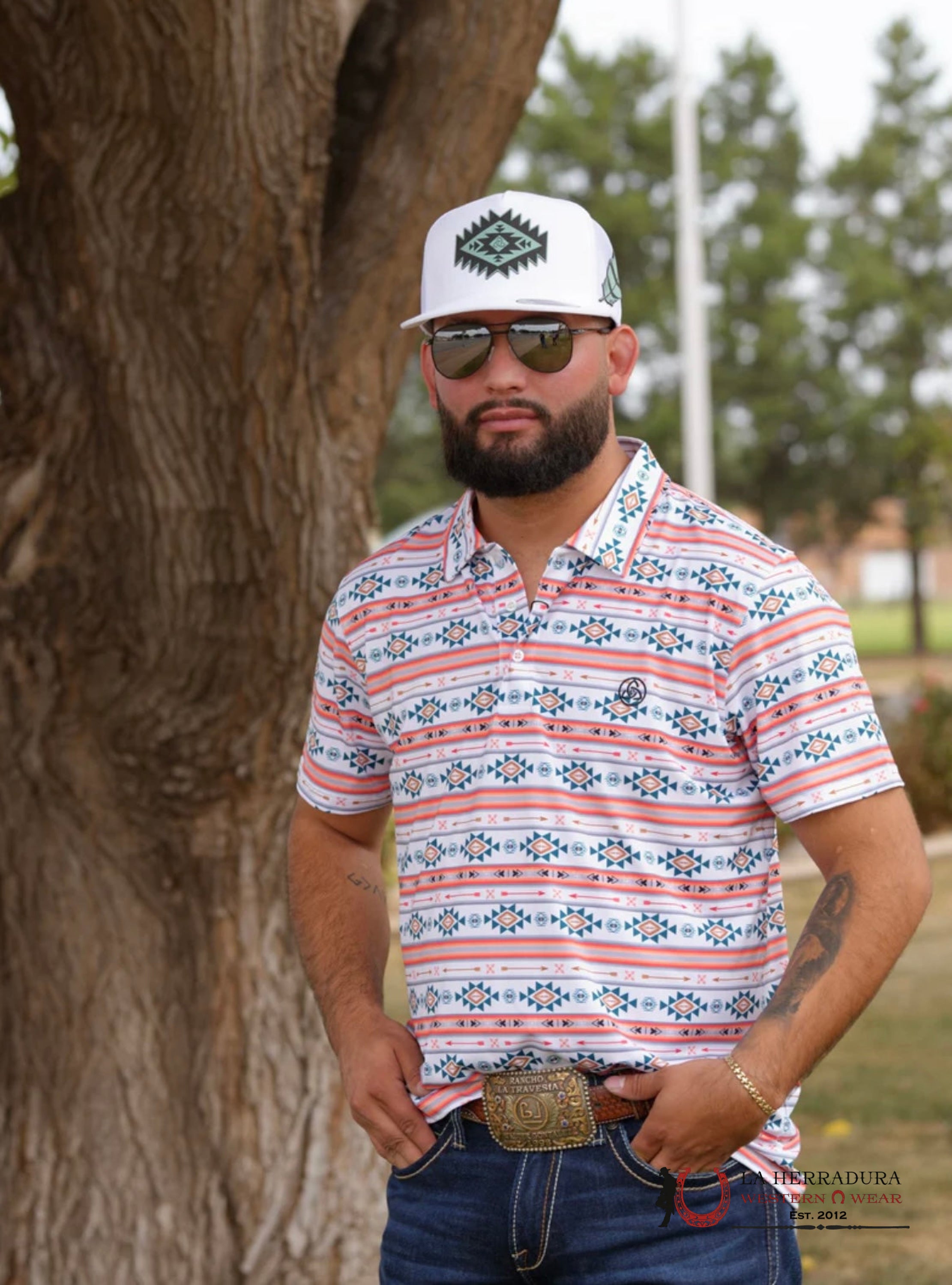 Cuero Line Men’s Orange Striped Aztec Polo Ropa Hombres