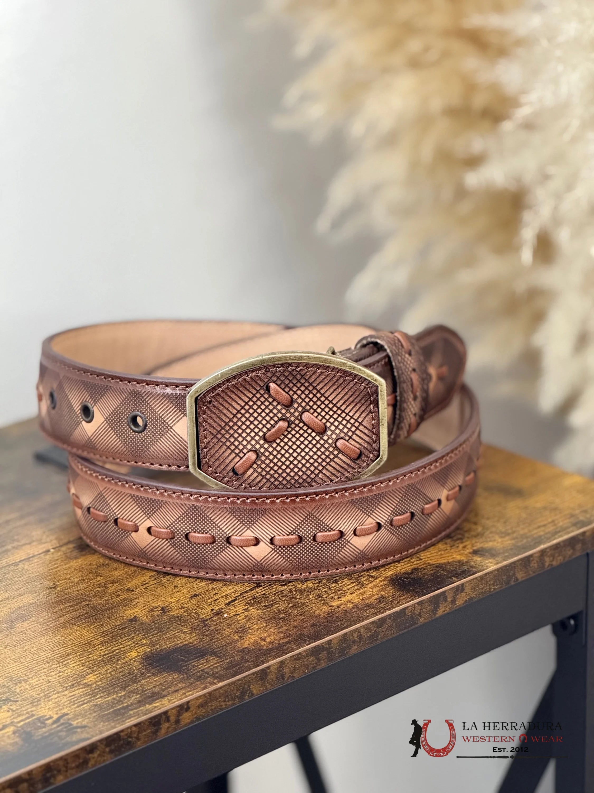 DEL CÉSAR BROWN LASER & SQAURE STITCHING MEN BELT CINTURONES HOMBRES