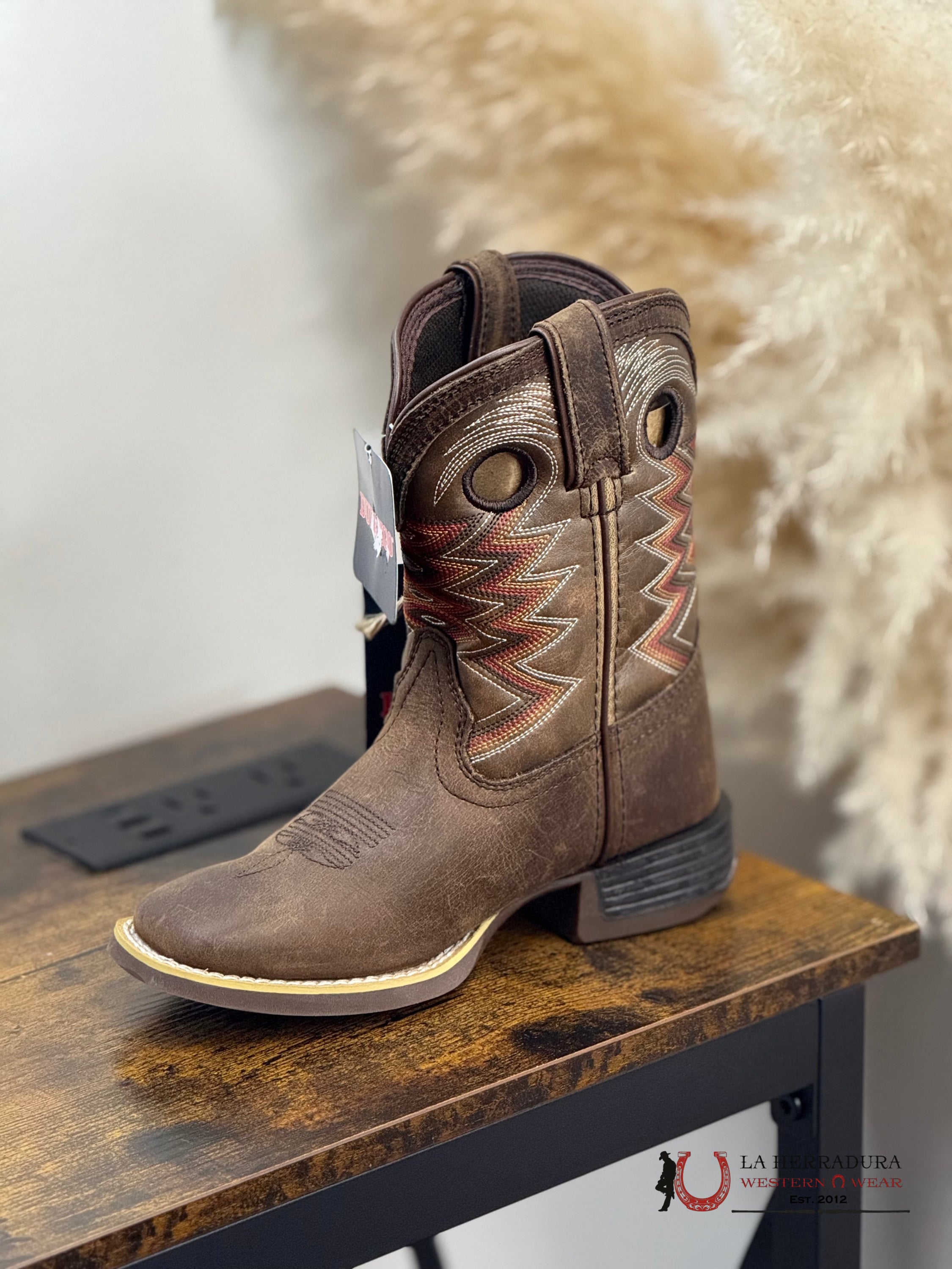 DURANGO KIDS BOOTS GREY ZIG ORANGE BLACK STITCH -DBT0226 NIÑOS