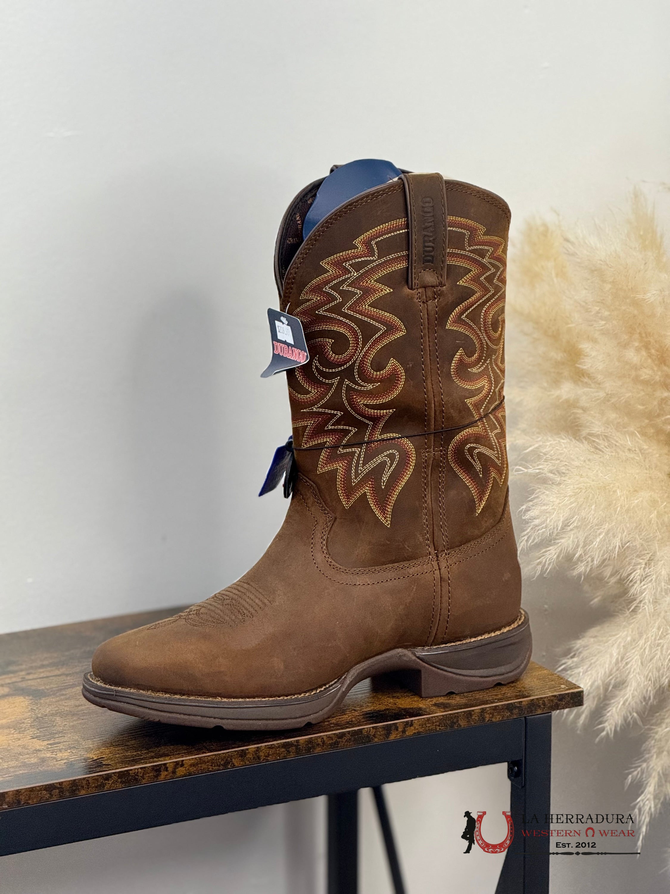 DURANGO MENS WORK BOOT REBEL DARK BROWN WHITE /YELLOW/RED STITCH TUBE DDB0361