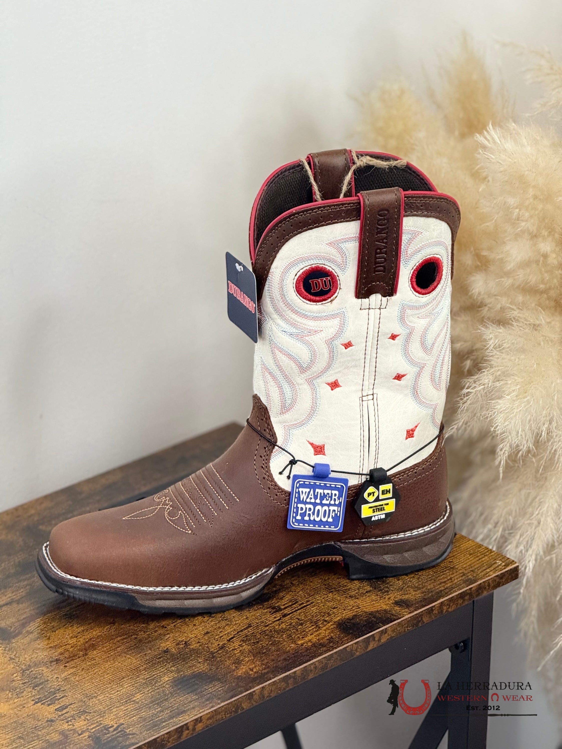 DURANGO WOMENS WORK BOOTS DARK BROWN WHITE TUBE WATER PROOF STEEL TOEDR D0418 BOTAS MUJERES