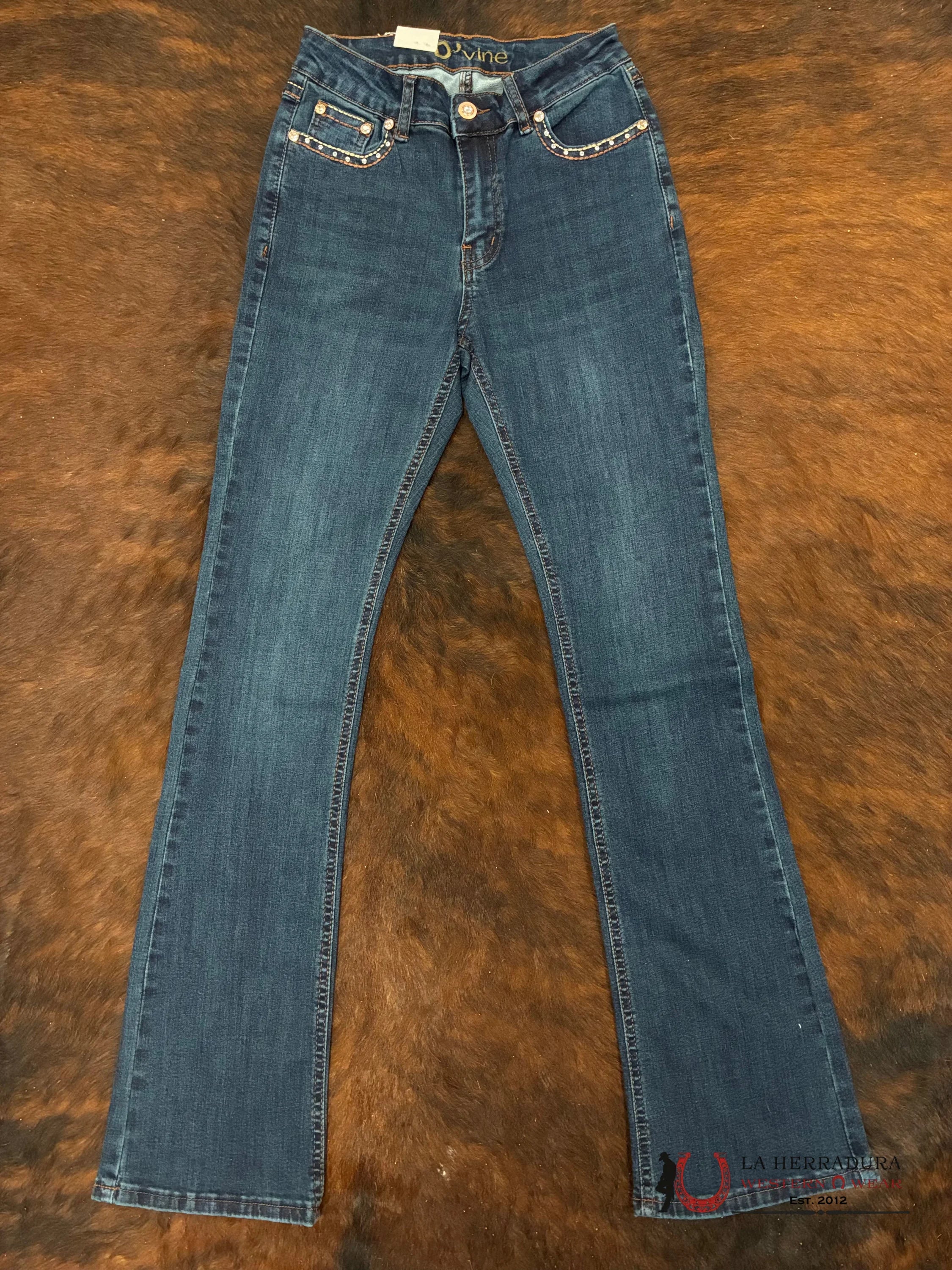 D’VINE ANTIQUE BLUE BROWN STITCHING BROWN AND GOLD FLOWER EMBROIDERY BOOT CUT AD-595 ROPA MUJERES