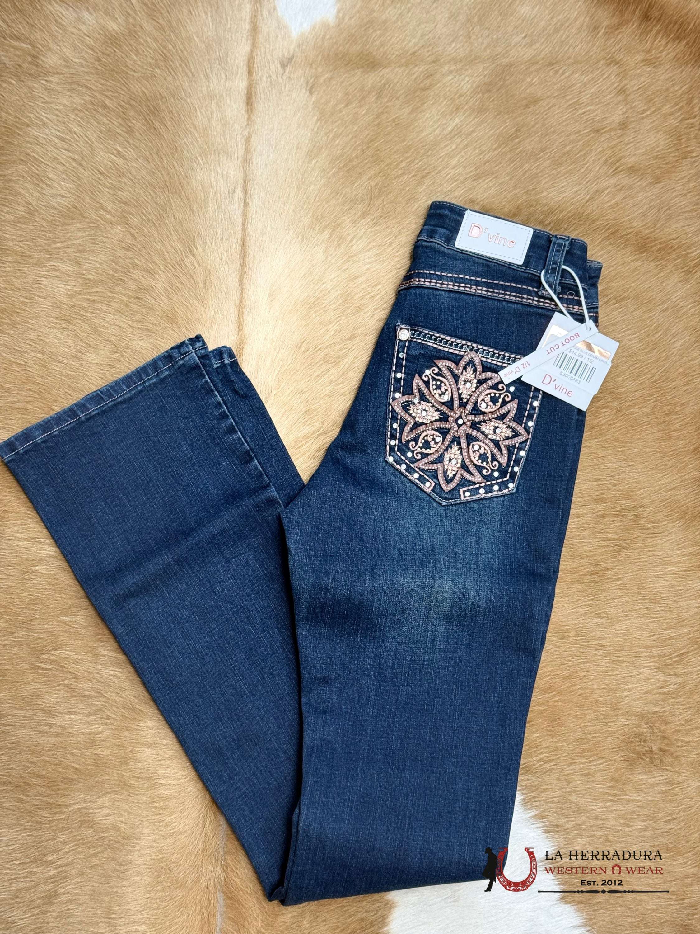 D’VINE ANTIQUE BLUE DENAM CROSS FLOWER BROWN STITCHING RHINESTONE BOOT CUT AD-580 ROPA MUJERES