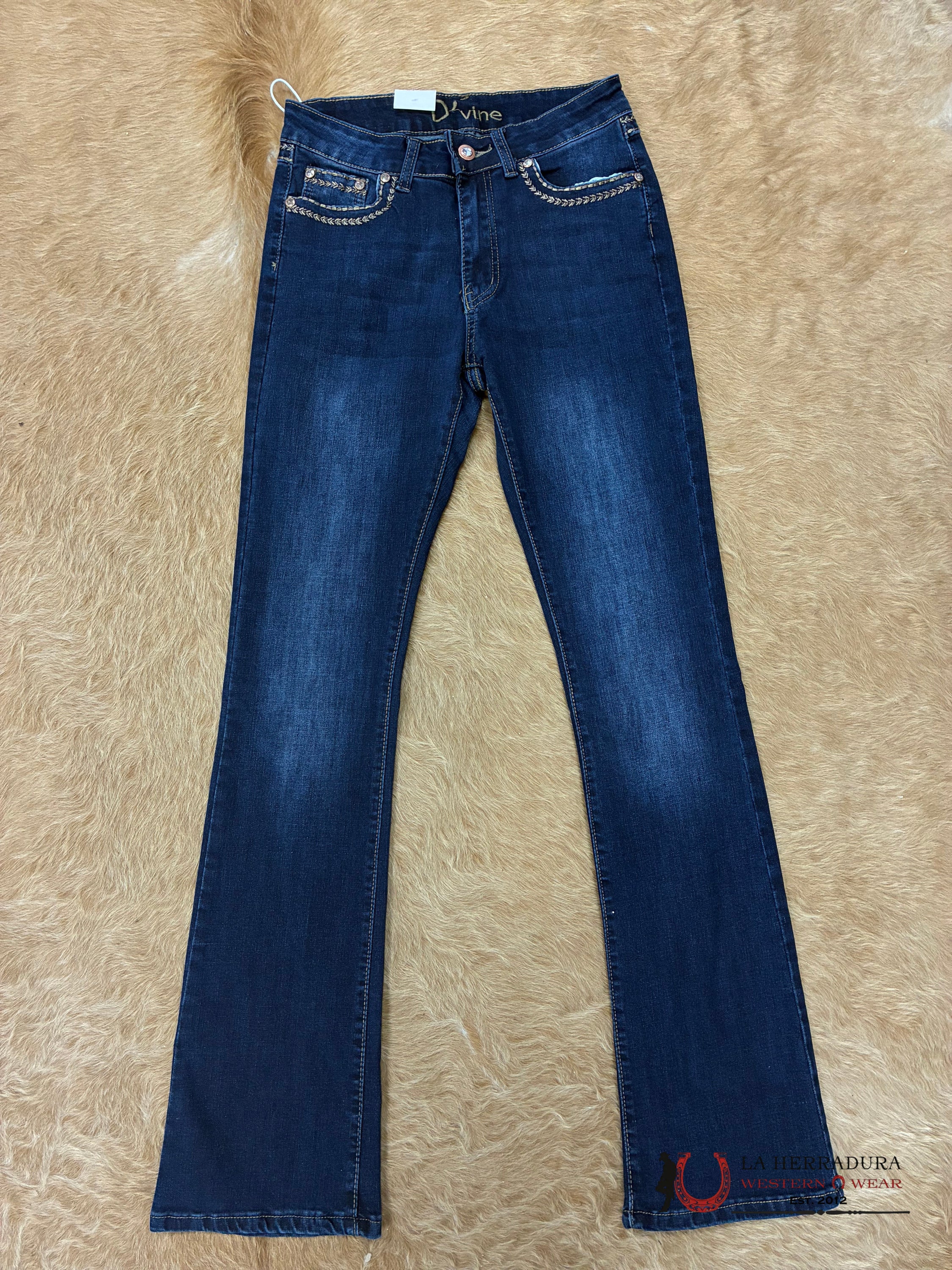 D’VINE INDIGO HORSE SHOSE WITH FLOWERS EMBROIDERY RHINESTONE BOOT CUT JEAN AD-600 ROPA MUJERES