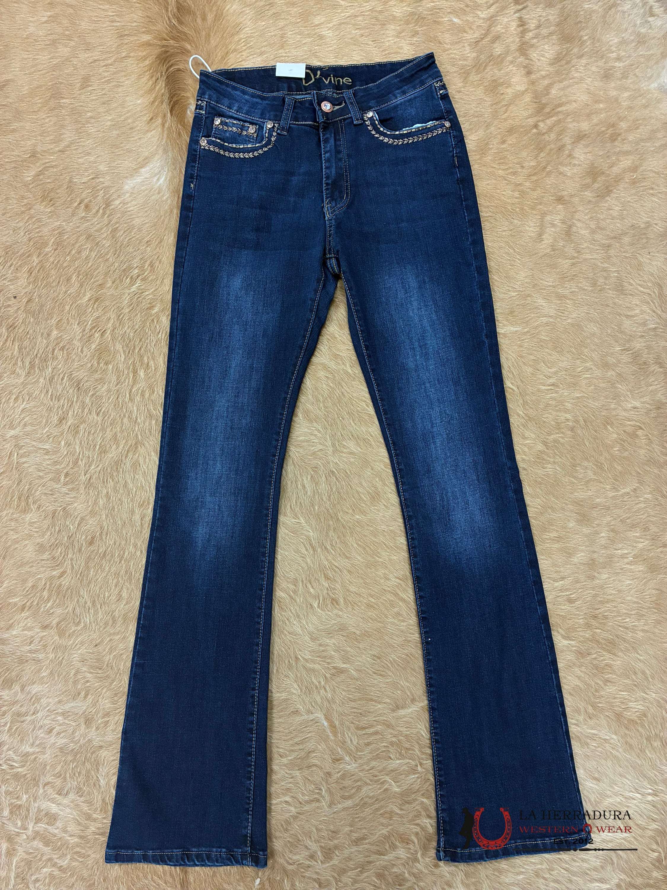 D’VINE INDIGO HORSE SHOSE WITH FLOWERS EMBROIDERY RHINESTONE BOOT CUT JEAN AD-600 ROPA MUJERES