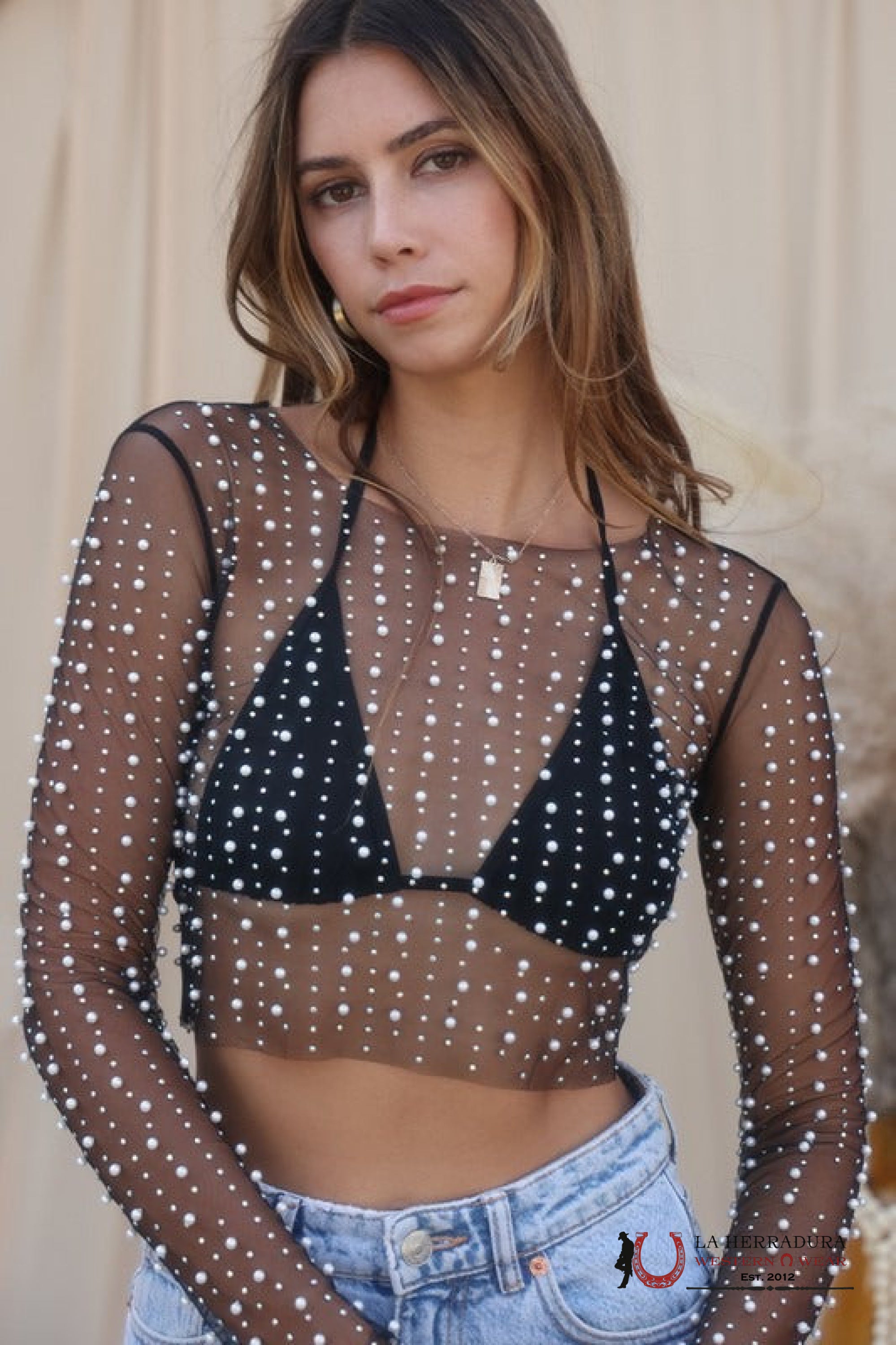 EB LUXE Black sheened translucent long sleeve top UT0561 ROPA MUJERES