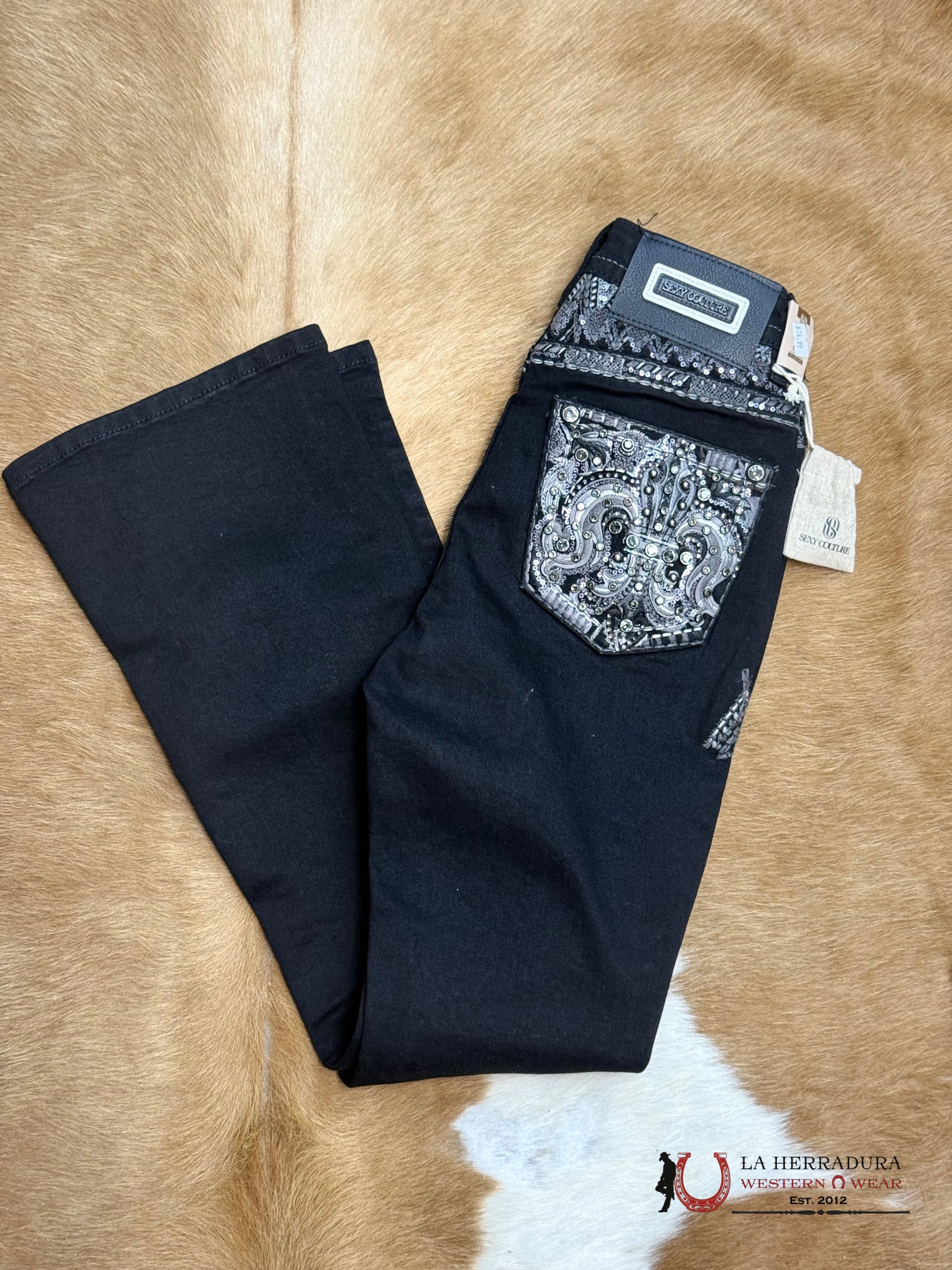 ELIZA SEXY COUTURE JEANS BOOT CUT BLACK & GREY STRETCHING EMBROIDERY BLACK RHINESTONE S1492-PB ROPA MUJERES
