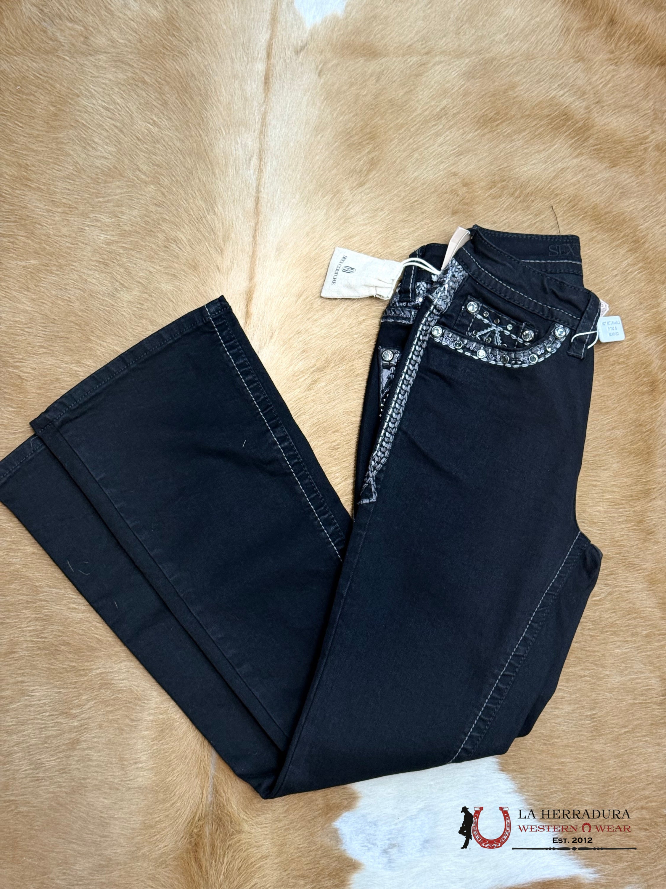 ELIZA SEXY COUTURE JEANS BOOT CUT BLACK & GREY STRETCHING EMBROIDERY BLACK RHINESTONE S1492-PB ROPA MUJERES